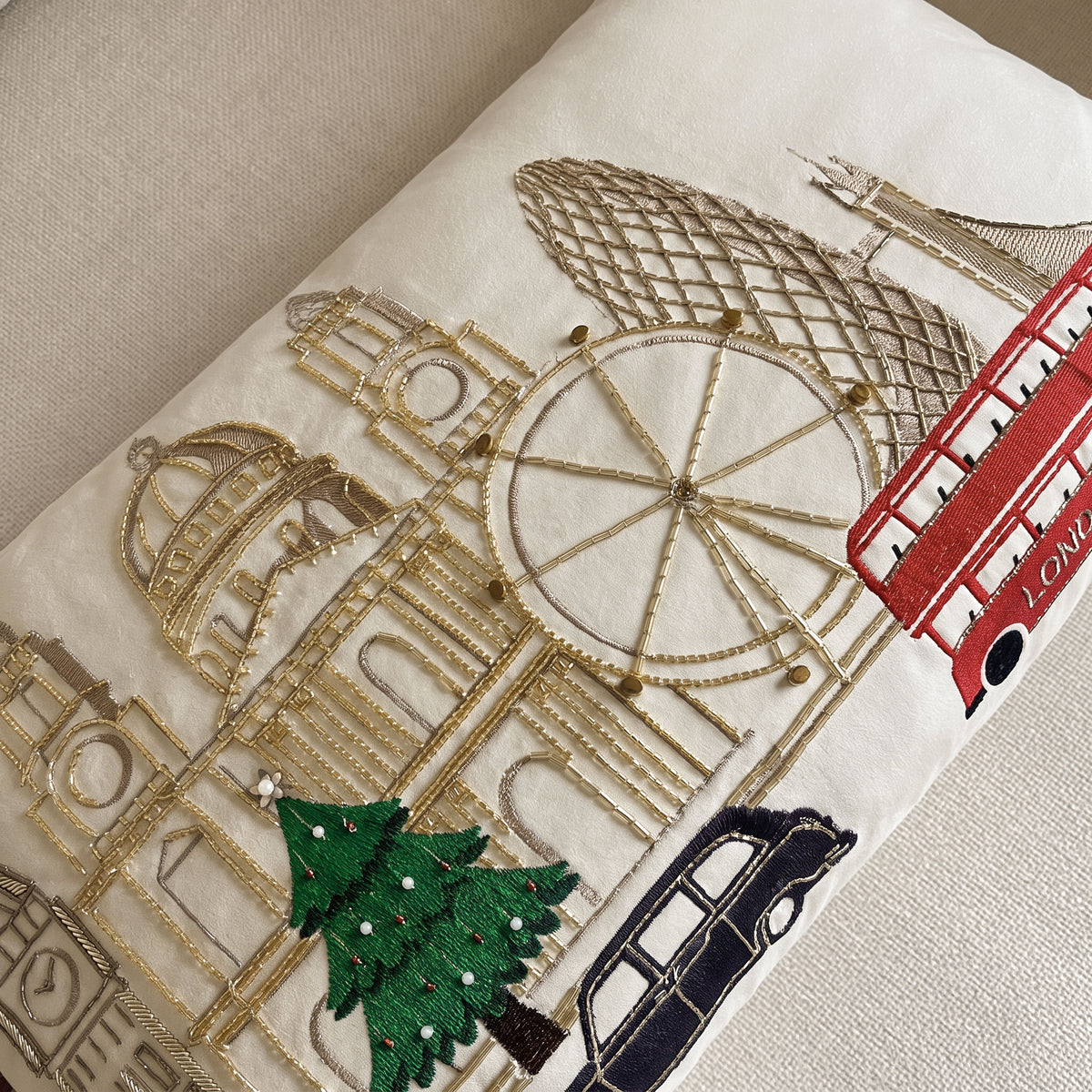 London Embroidered Christmas Pillow Cover, Decorative Pillow Cover
