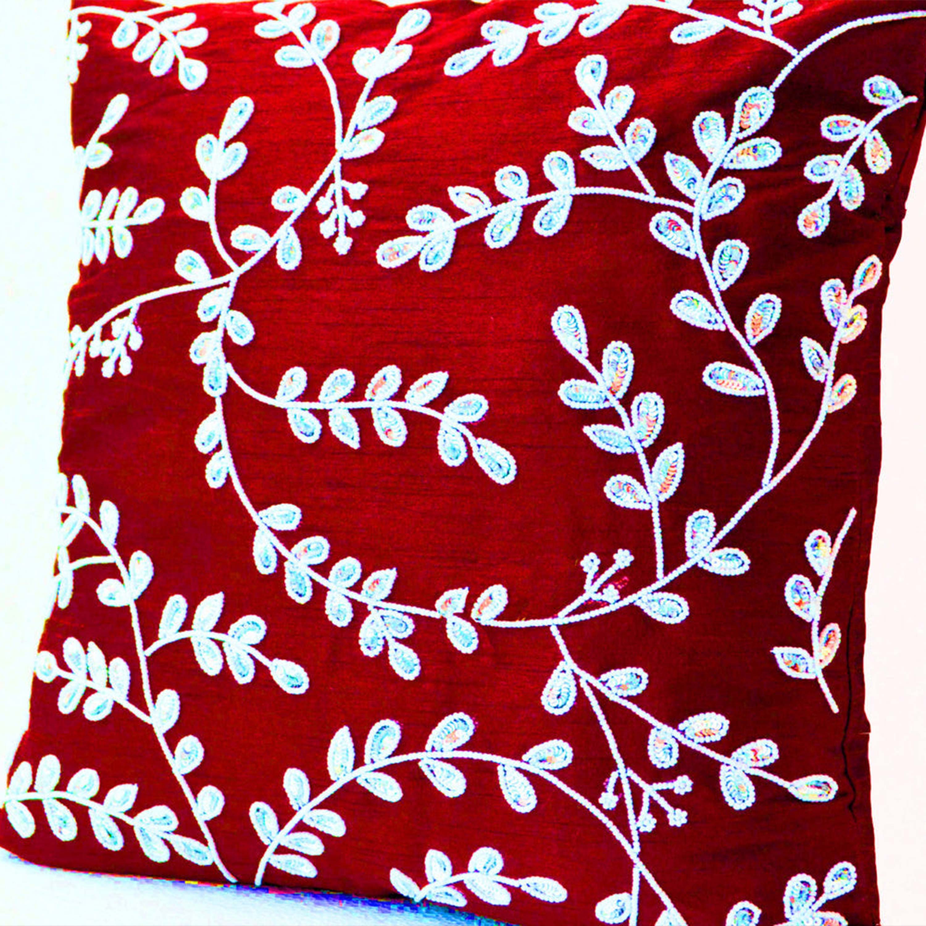 Red throw pillows with bead sequin detail -Leaves pillow -Silk pillows -Cushion cover zipper -Gift 16X16 -Red white pillows -Red cushions