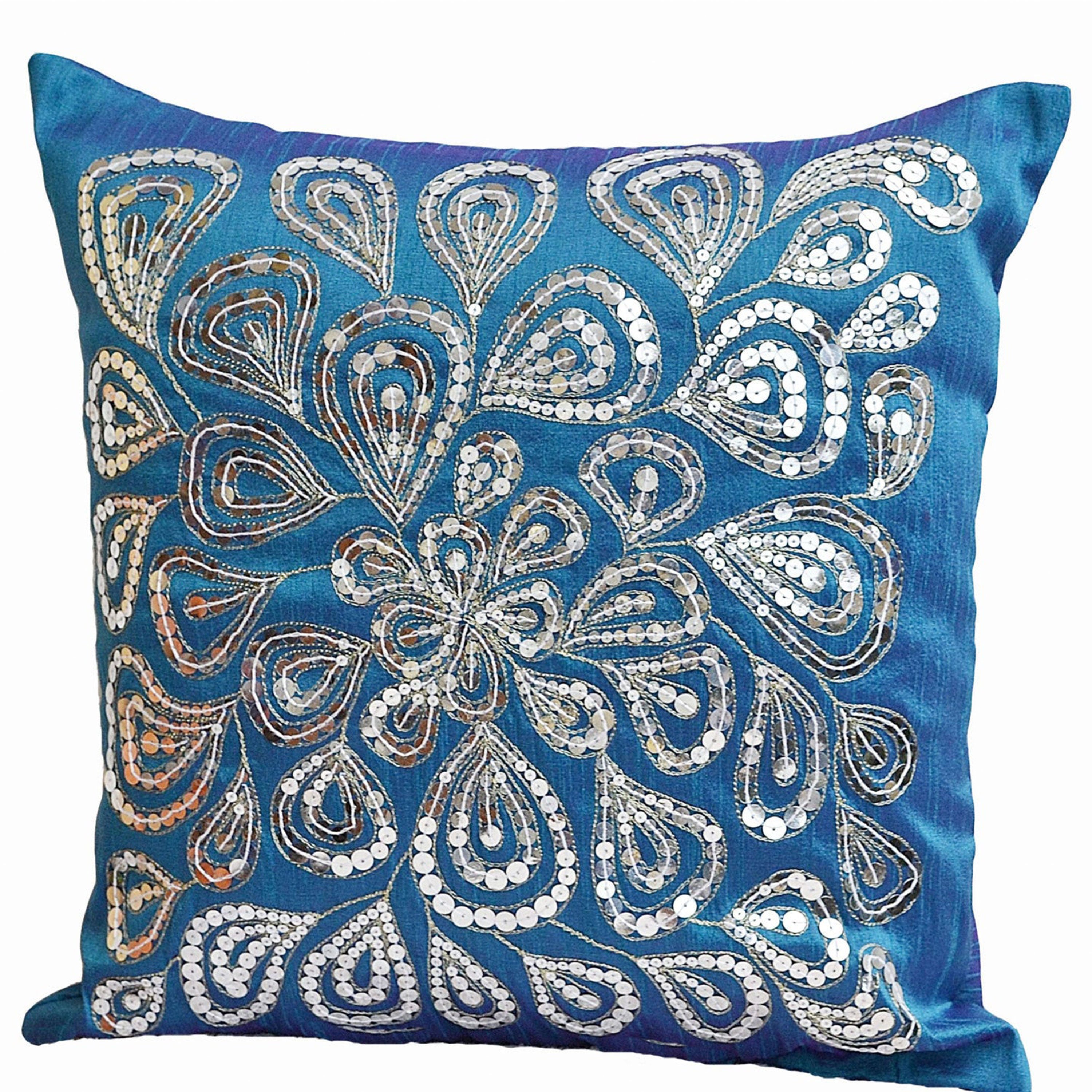 Blue Throw Pillows With Silver Sequins Dazzling Flower Floral Pillow cover