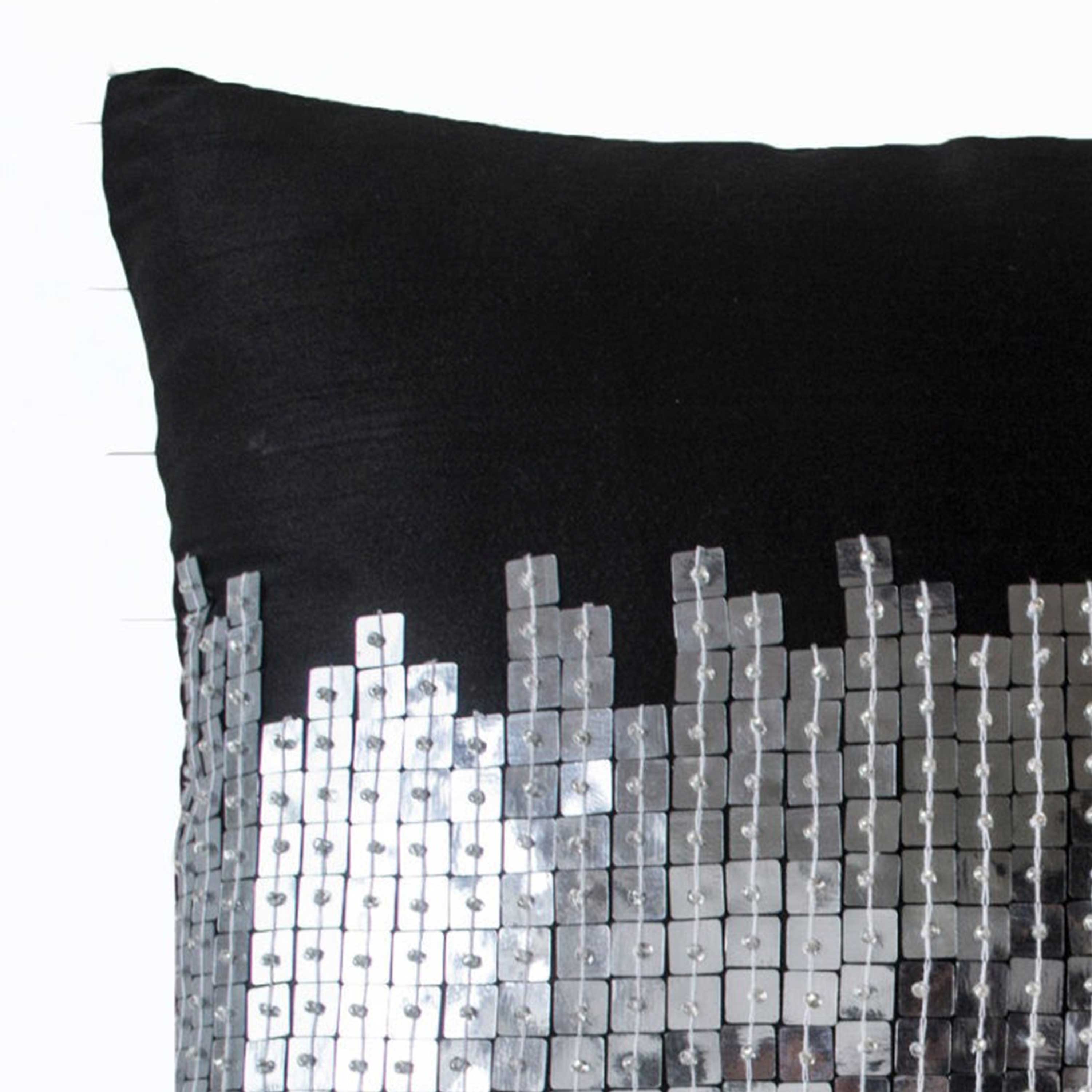 Silk Pillow Cases With New York City Lights Embellished In Silver Sequin Designer Geometric Cushion Cover