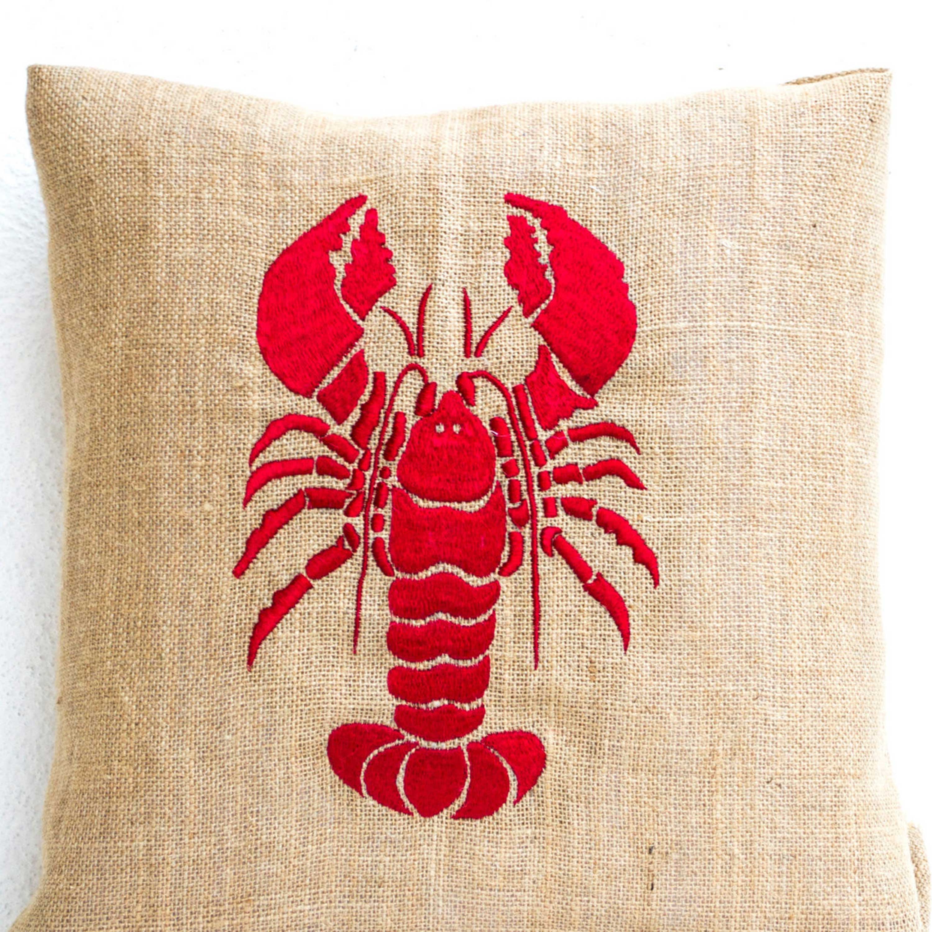 Sea pillow Embroidered lobster pillow Burlap pillow Red lobster throw pillow cushion Gift Bedding Red cushion Oceanic pillow