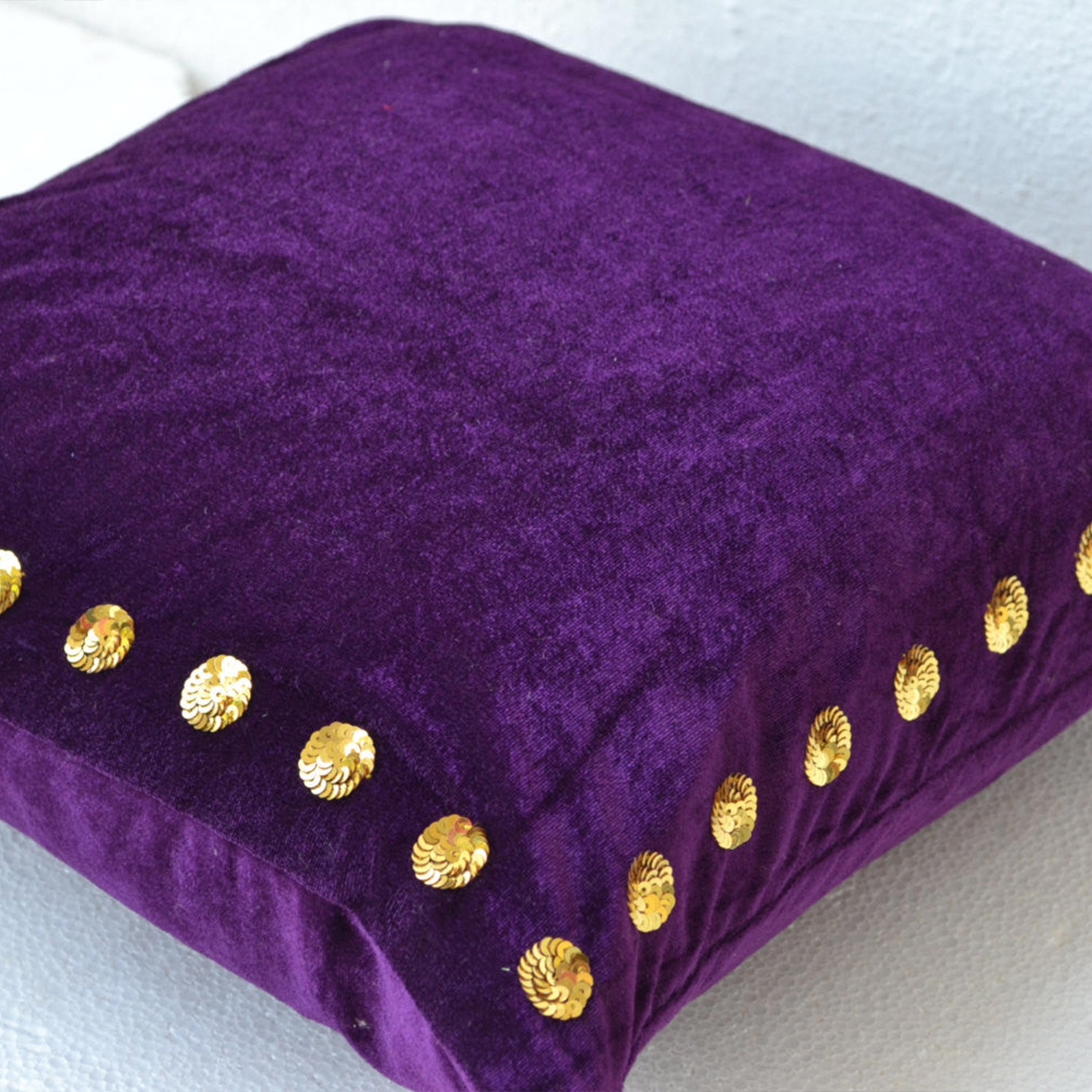 Purple Throw Pillow Cover in Velvet with Gold Sequin Detail Gift Decorative Cushion