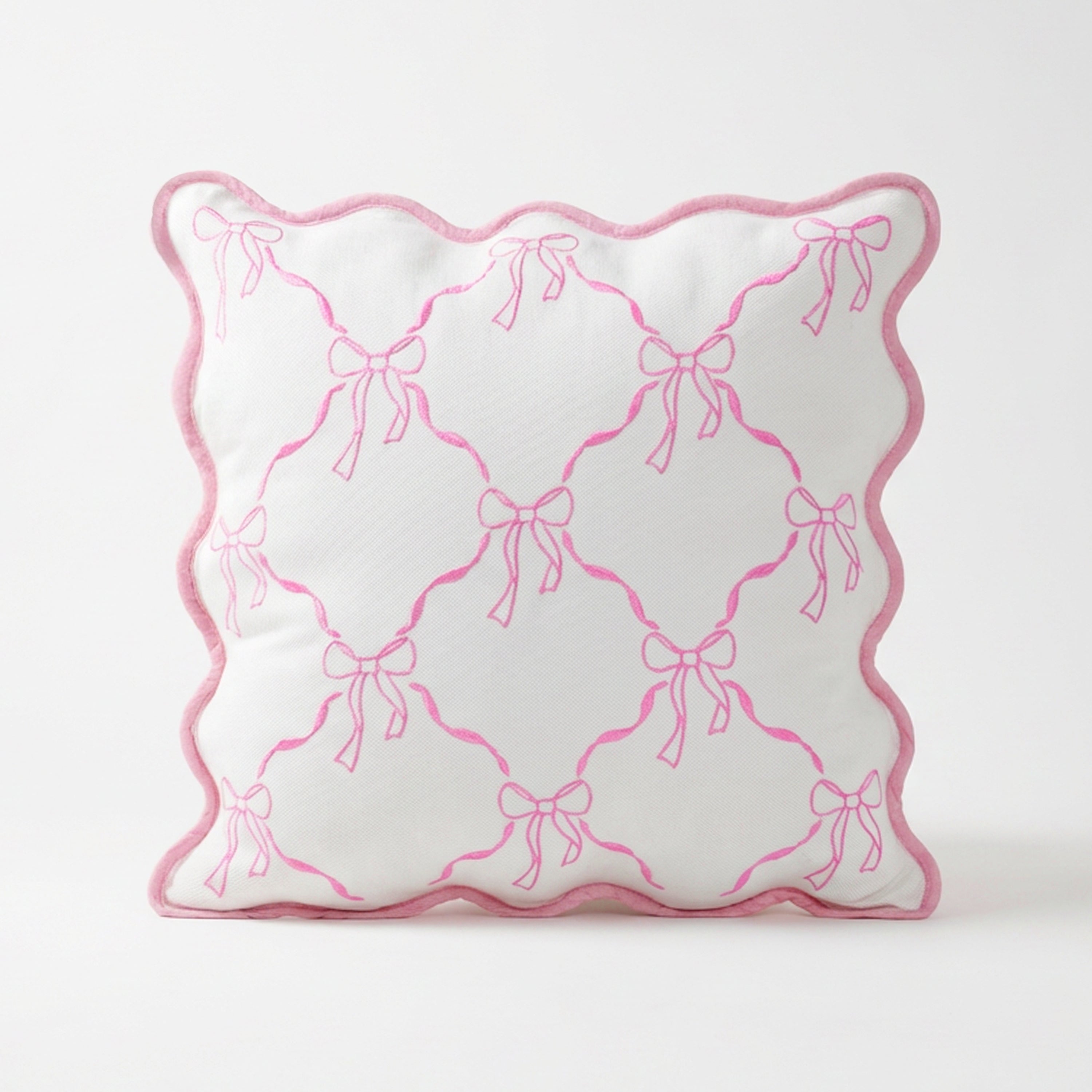 Scalloped Cotton Canvas Pillow Cover with Bow Embroidery