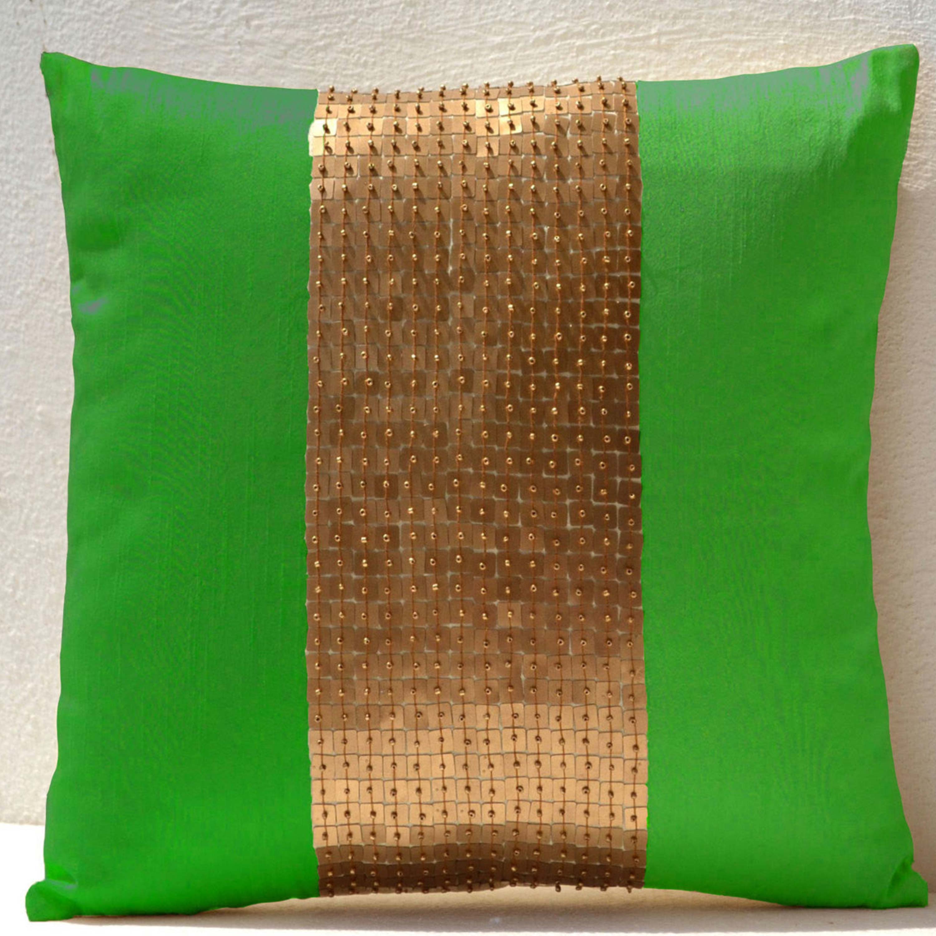 Throw Pillows - Neon green gold color block in silk sequin bead detail cushion - sequin bead pillow - 16X16 Neon green pillow - gift pillow