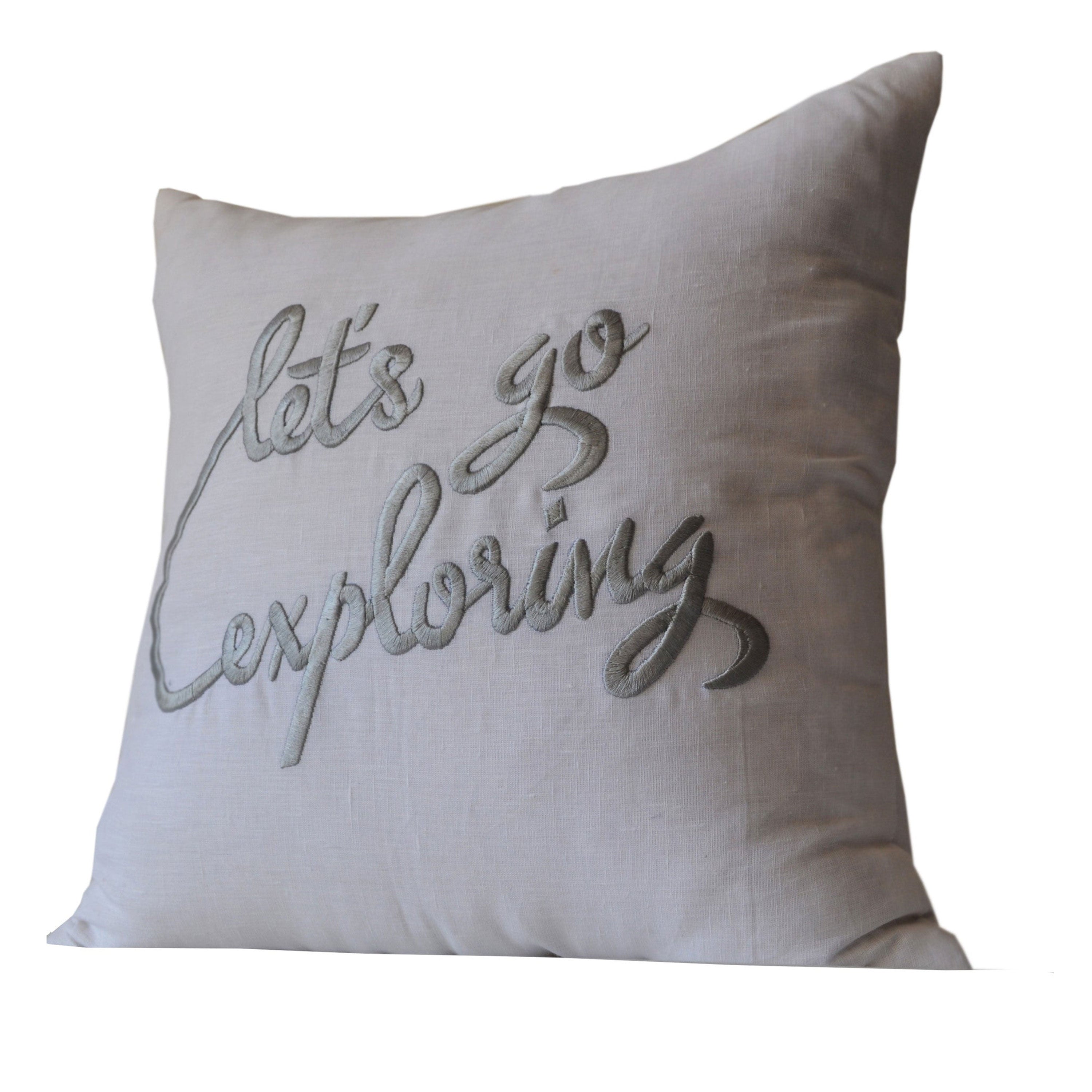 White Linen Pillow Cover With Let's Go Exploring Embroidered -Linen Decorative Throw Pillow