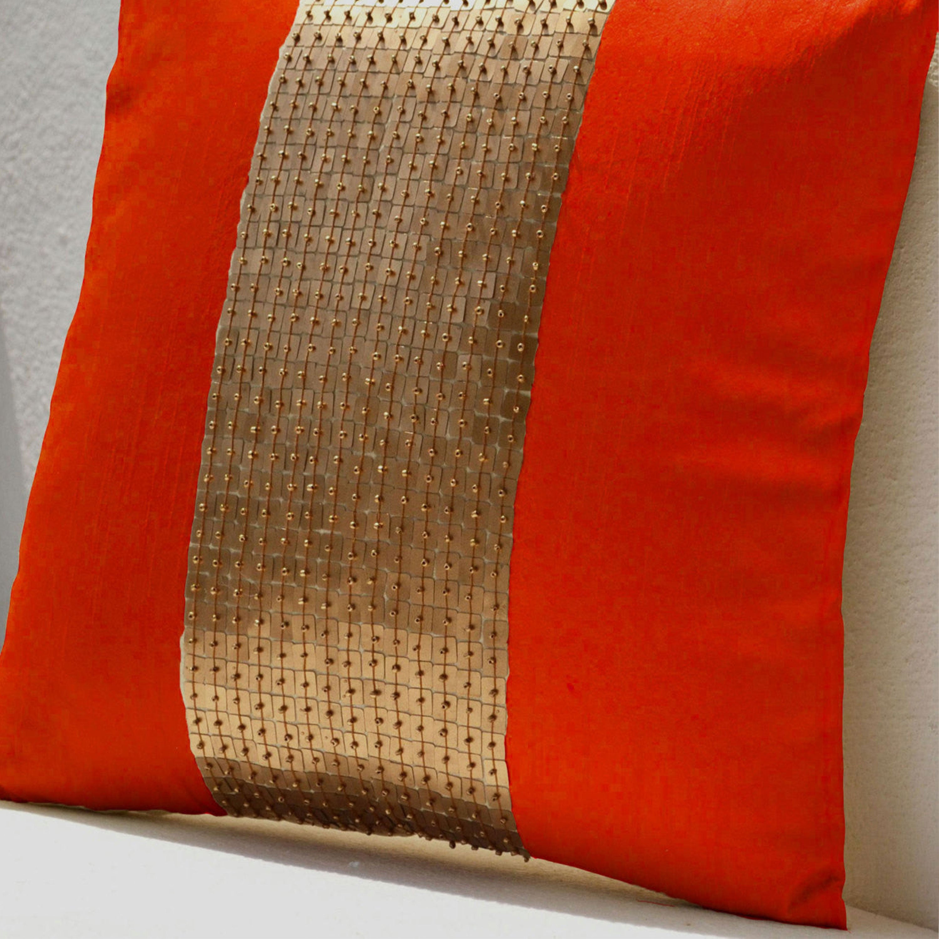 Decorative Throw Pillows -Orange gold color block in silk sequin bead detail cushion -sequin bead pillow -16X16 -Orange pillow -gift pillow