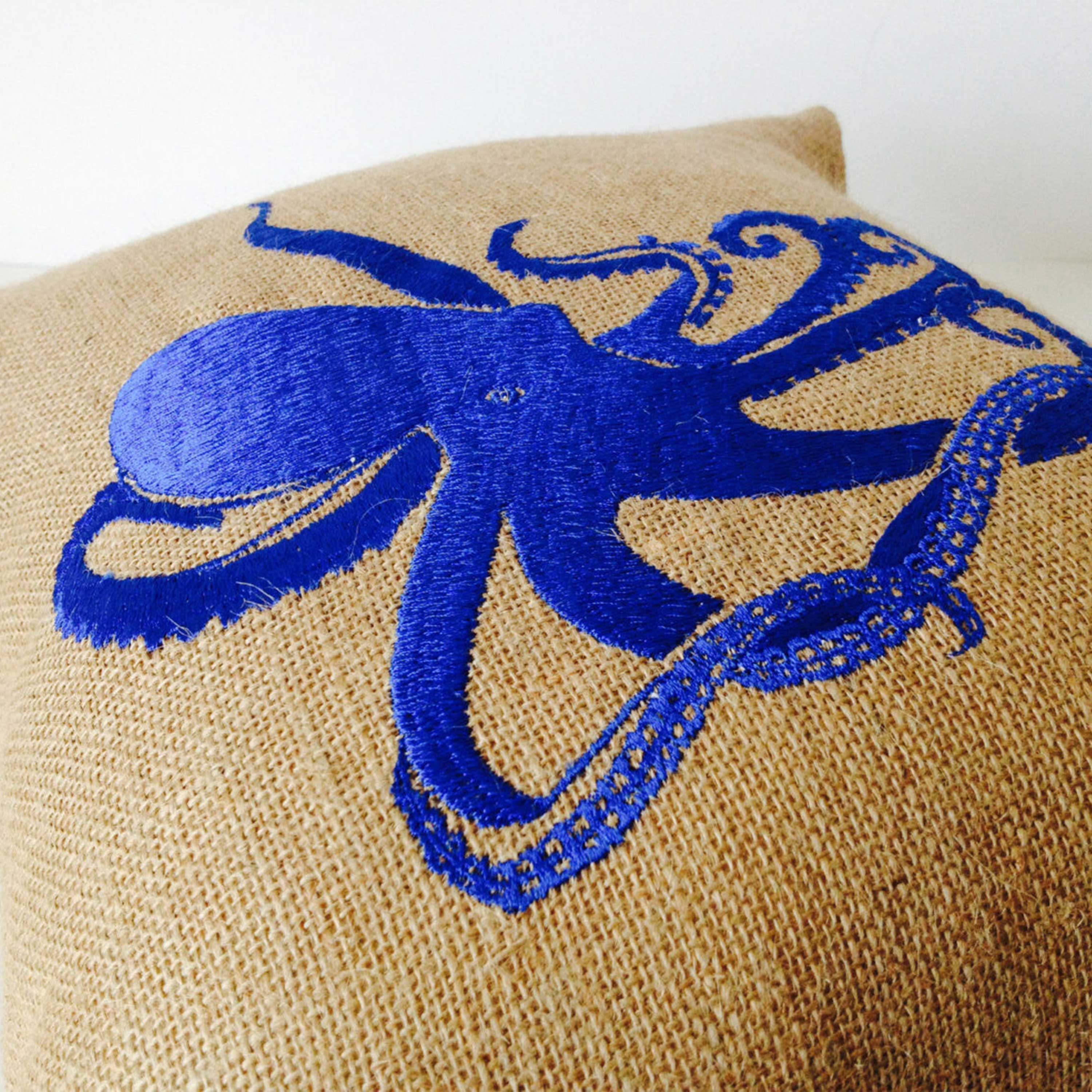 Sea pillow- Embroidered octopus pillow cover -Burlap pillow -Royal Blue throw pillow cushion -16x16 -Gift -Bedding -Blue cushion -Oceanic