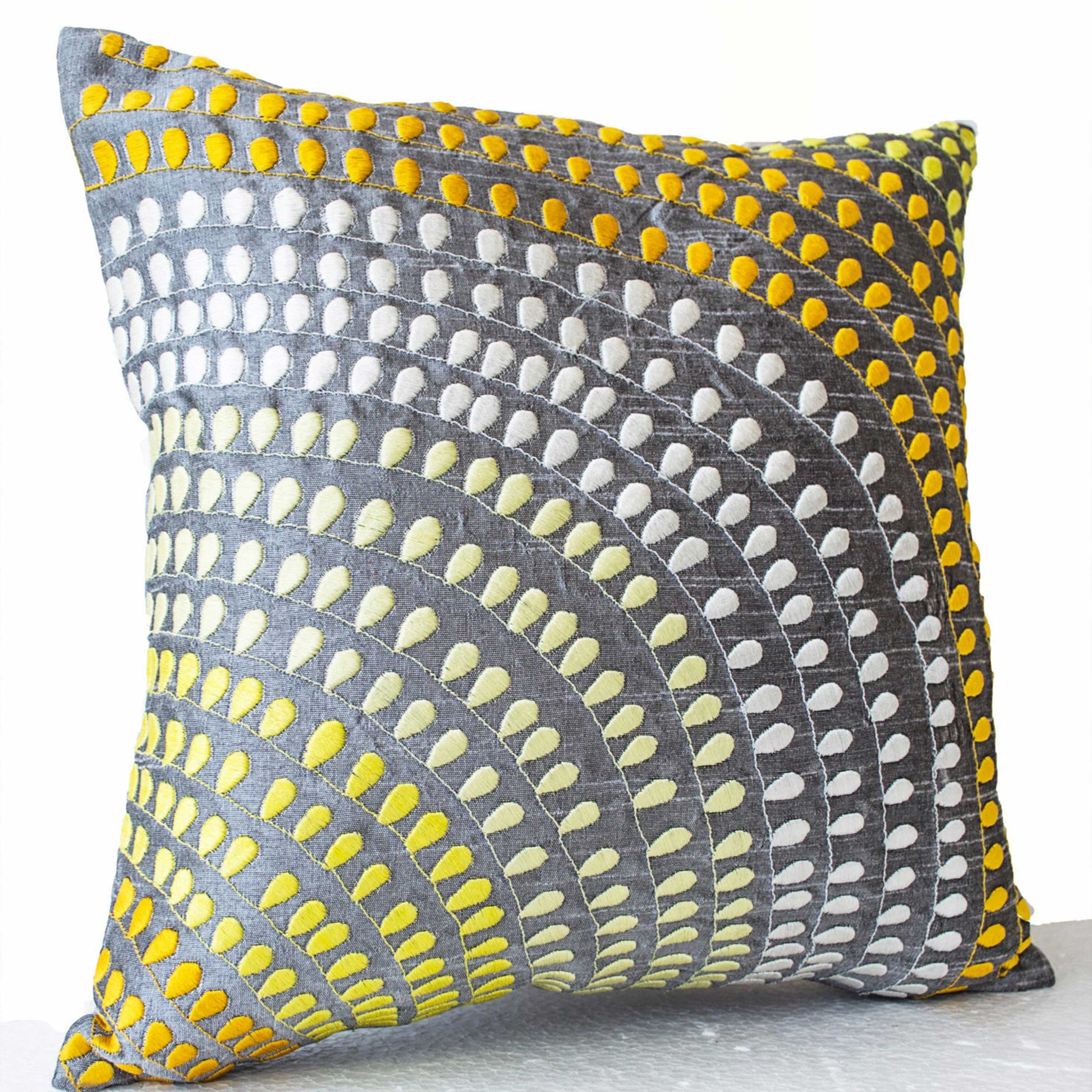 Silk Pillow covers - Grey silk with yellow white embroidered loops- Grey yellow pillows- Chair pillow- Gift- 16x16- wedding - celebrations