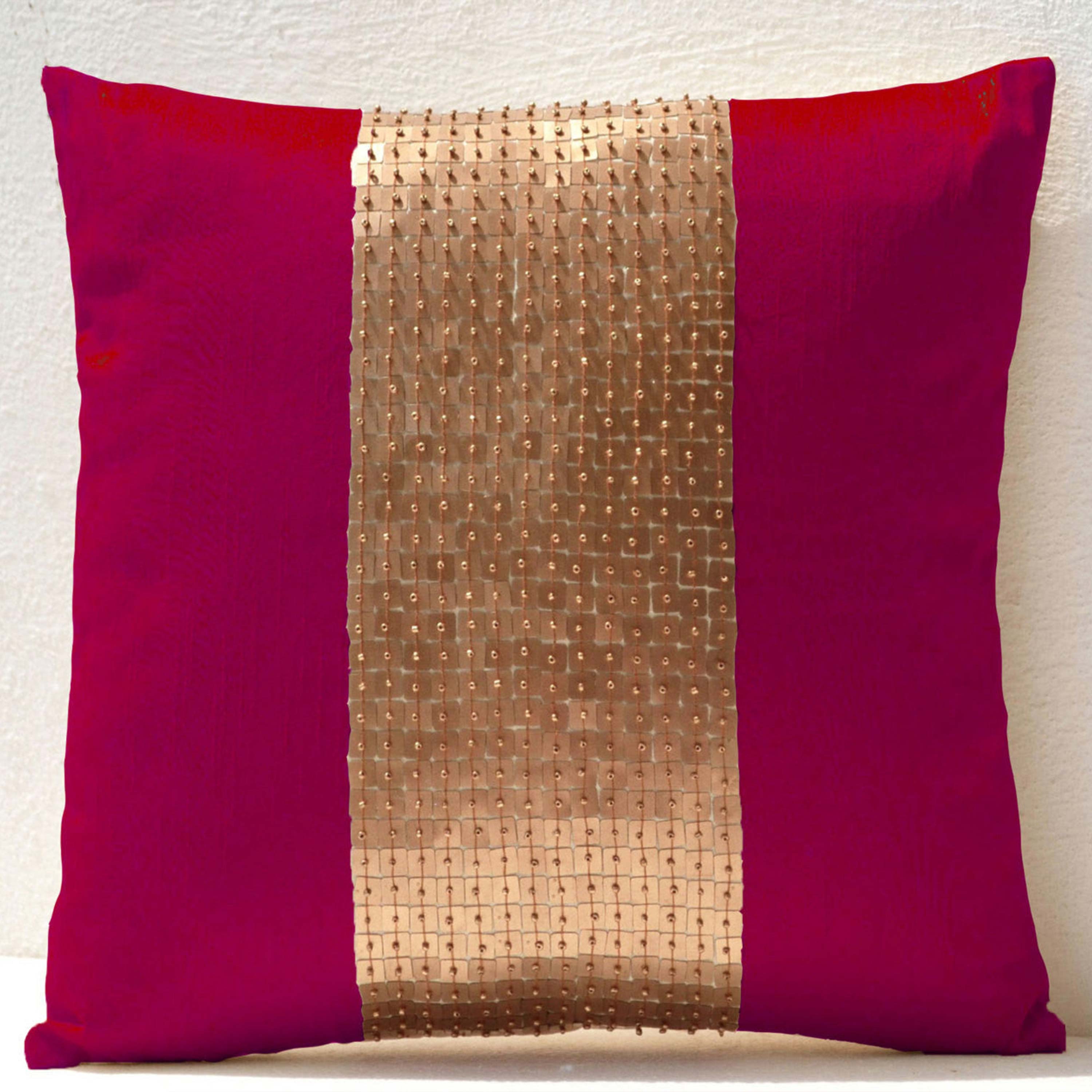 Throw Pillows - Fuchsia gold color block in silk sequin bead detail cushion - sequin bead pillow - 16X16 Fuchsia pillow - gift pillow