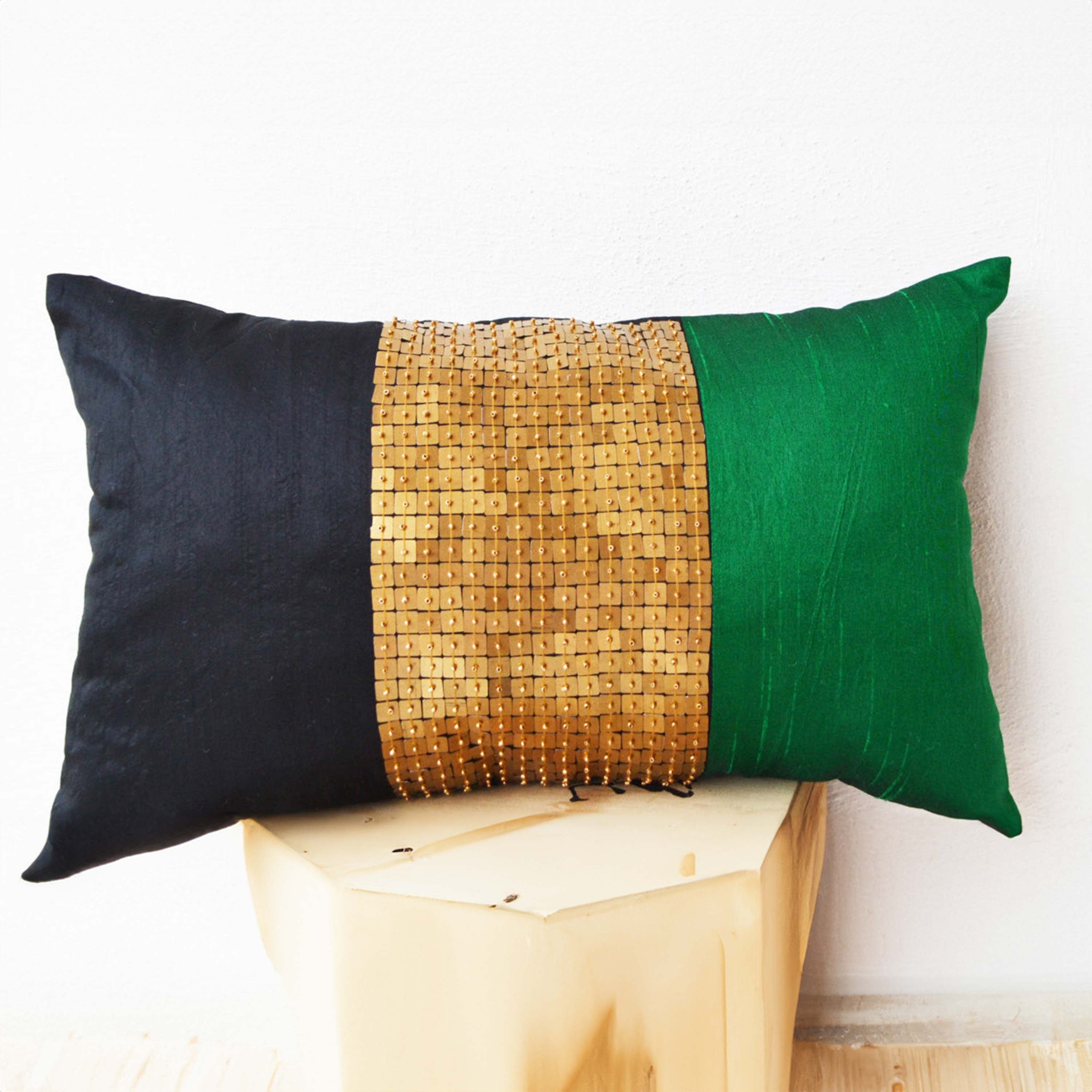 Throw Pillows - Emerald green, black, gold color block in silk sequin detail cushion -sequin pillow - 12x20 Color block lumbar pillow - gift