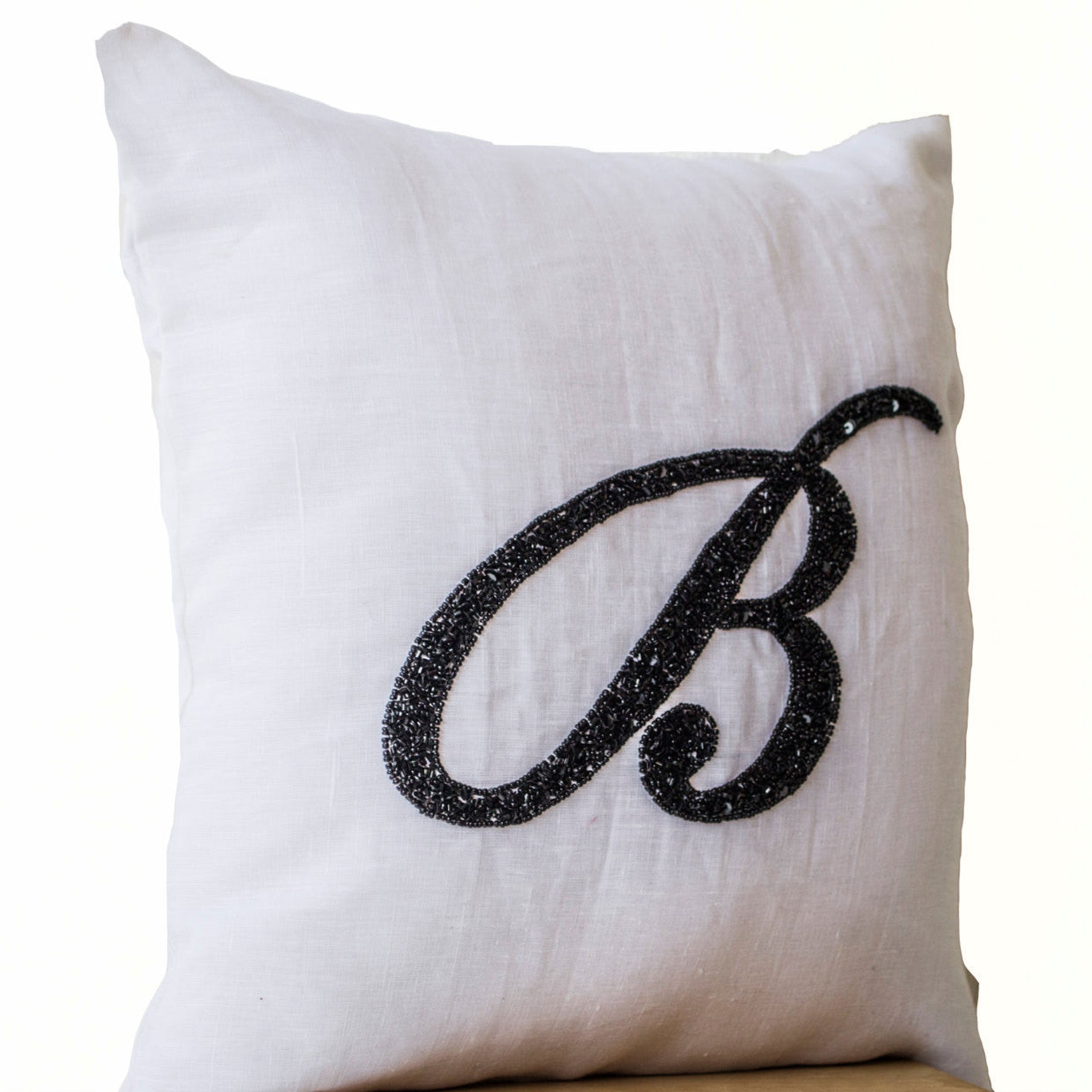 Handmade Cursive Monogram Letter Throw Pillow Cover On White Linen In Beads Sequin