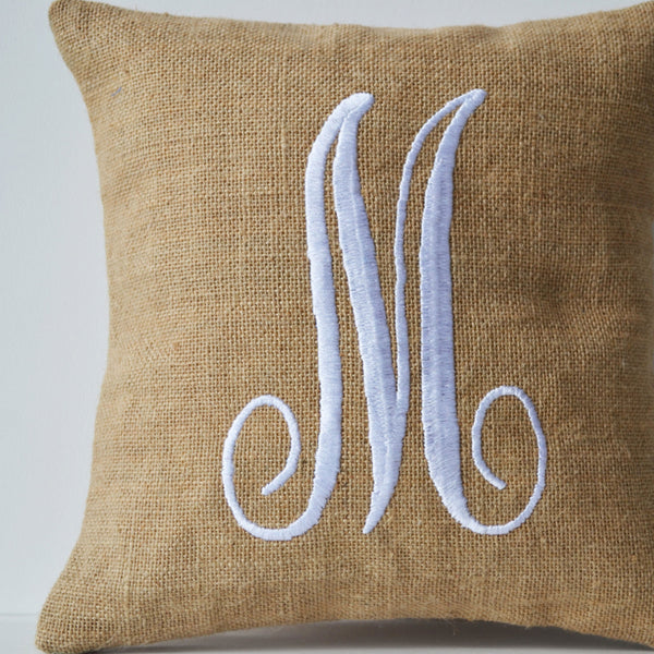 Shop online for burlap pillow with monogram and white embroidery