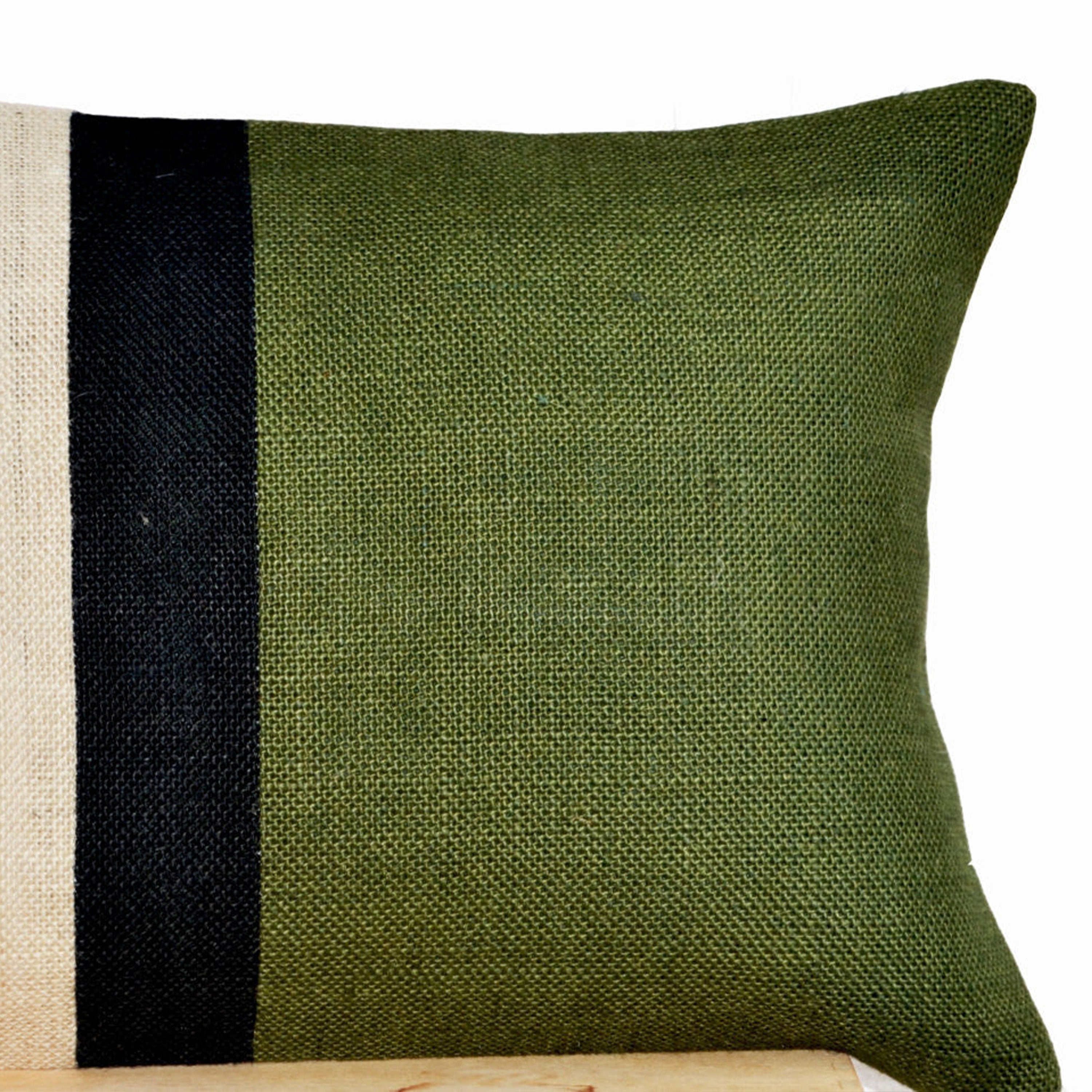 Green Lumbar Pillow - Burlap Pillow color block - Forest Green Color Block Decorative cushion cover- Throw pillow gift 12X16 - Lumbar Pillow