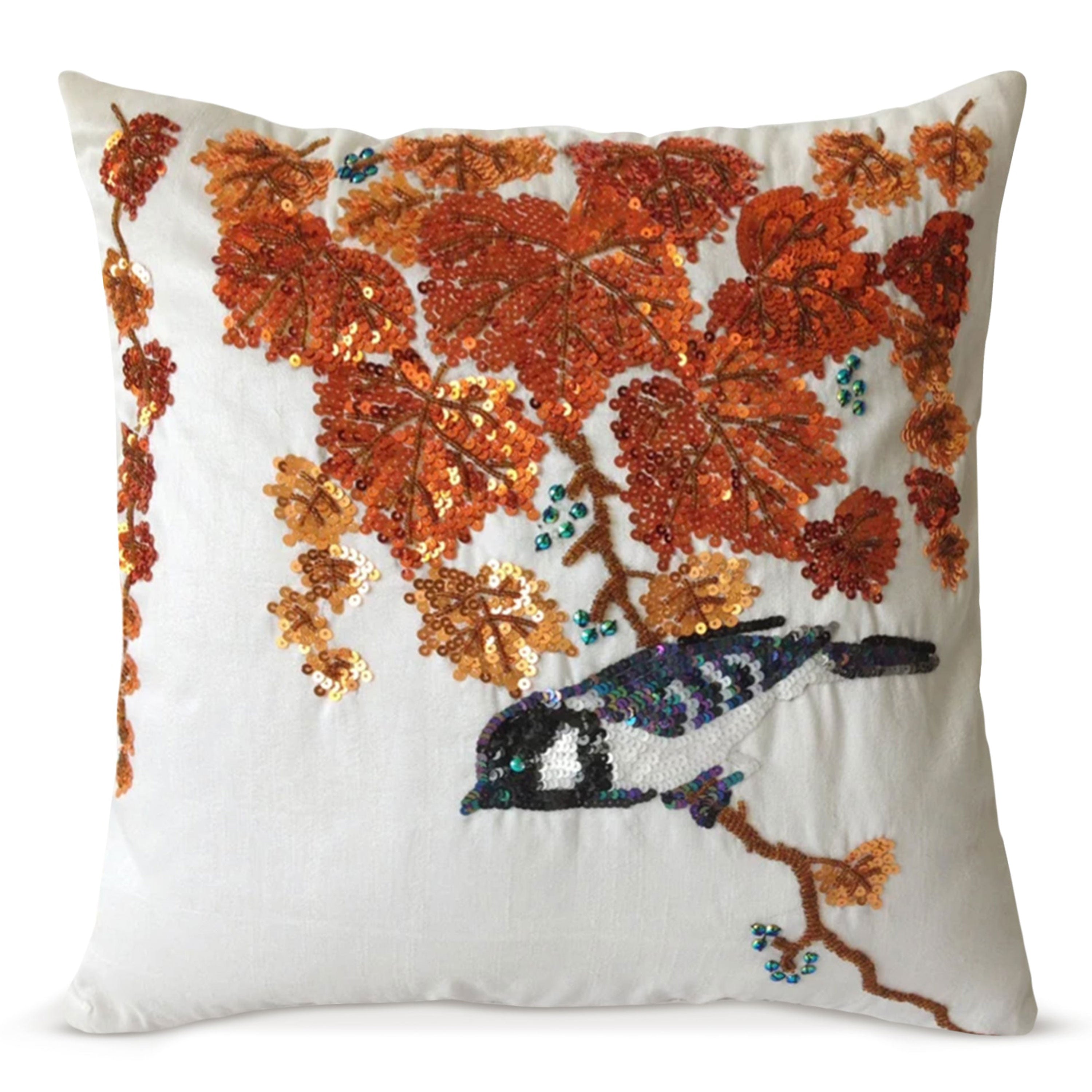 Autumn Leaves and Bird Pillow decorated with shimmering orange sequined leaves and an embroidered songbird.