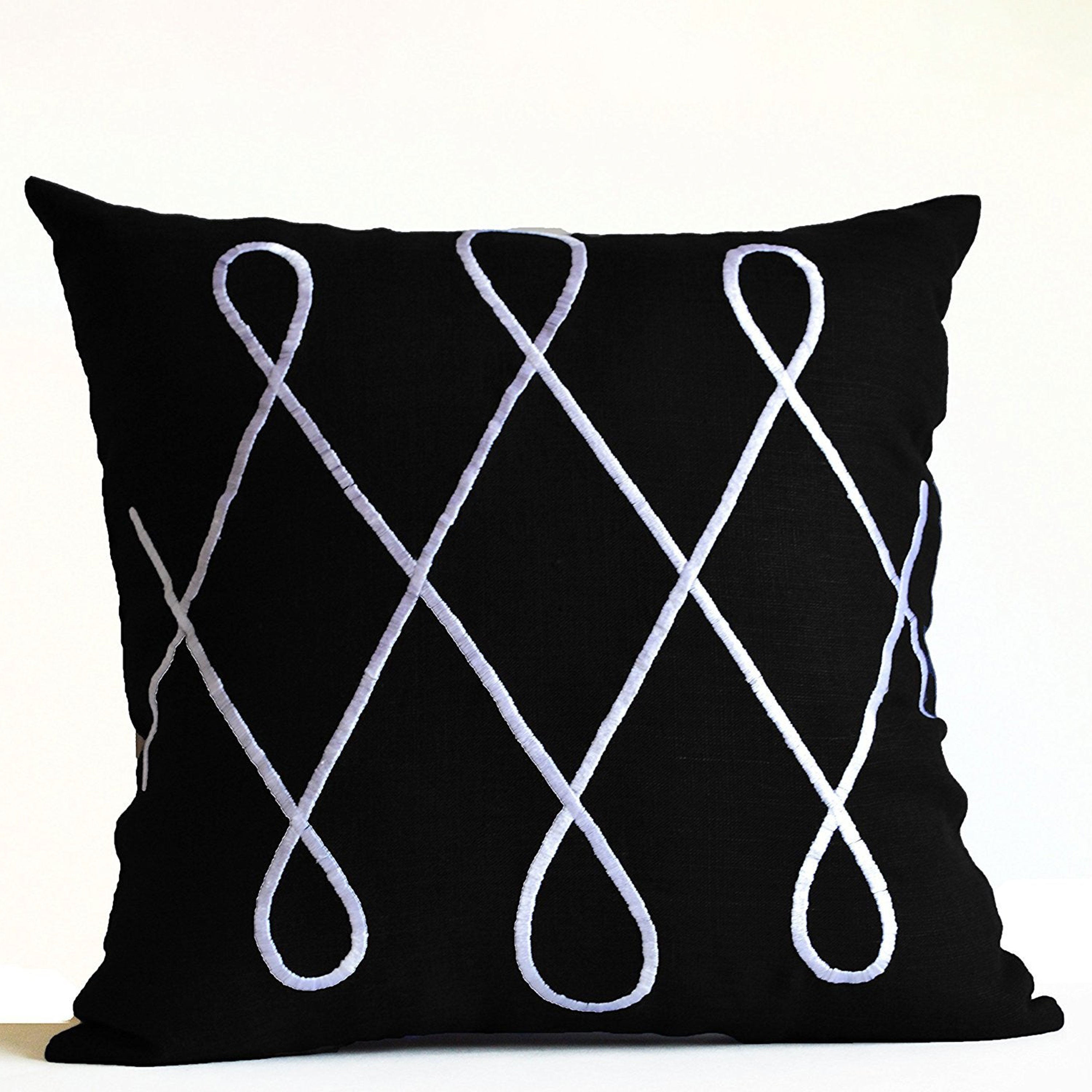 Hand Embroidered Midnight Black Linen White Loop Pillow Cover