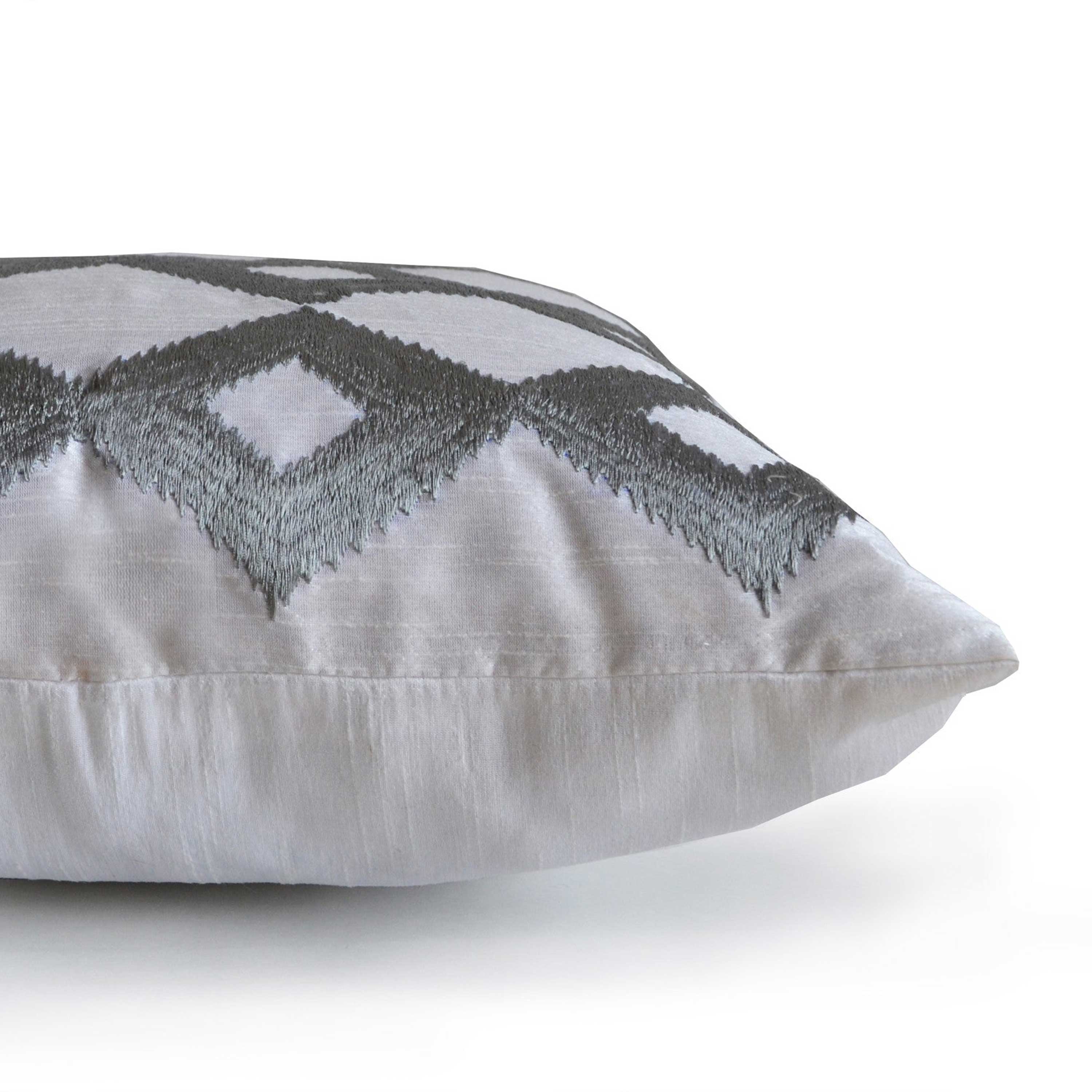 Silver Throw Pillows In White Silk With Ikat Embroidery