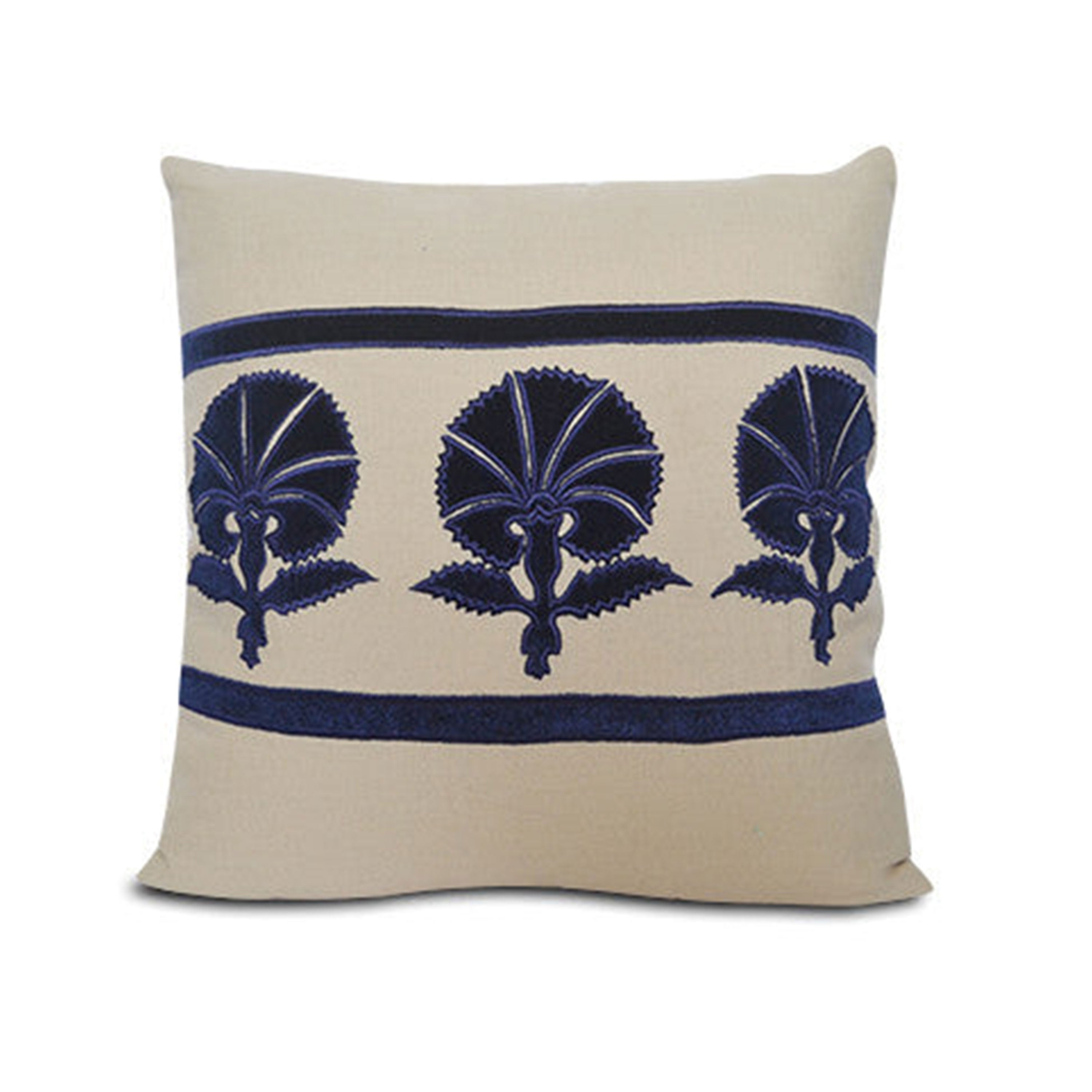 Grey Beige Linen Decorative Pillow Cover With Navy Blue Velvet Applique -Palmette Motif Pillow Cover