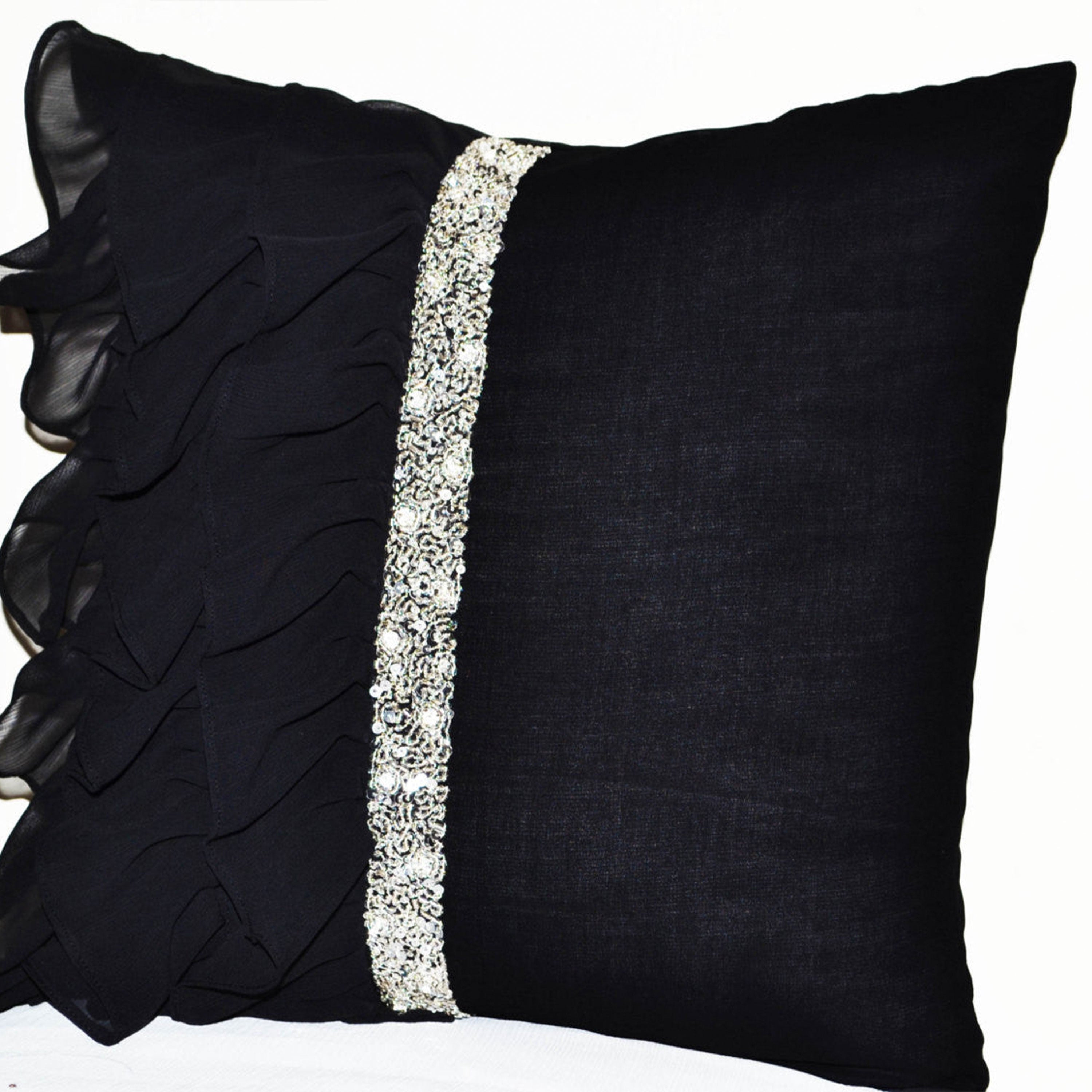 Elegant Black ruffled sequin throw pillow - 16X16  Decorative Pillow - Black cushion cover - Gift Pillow