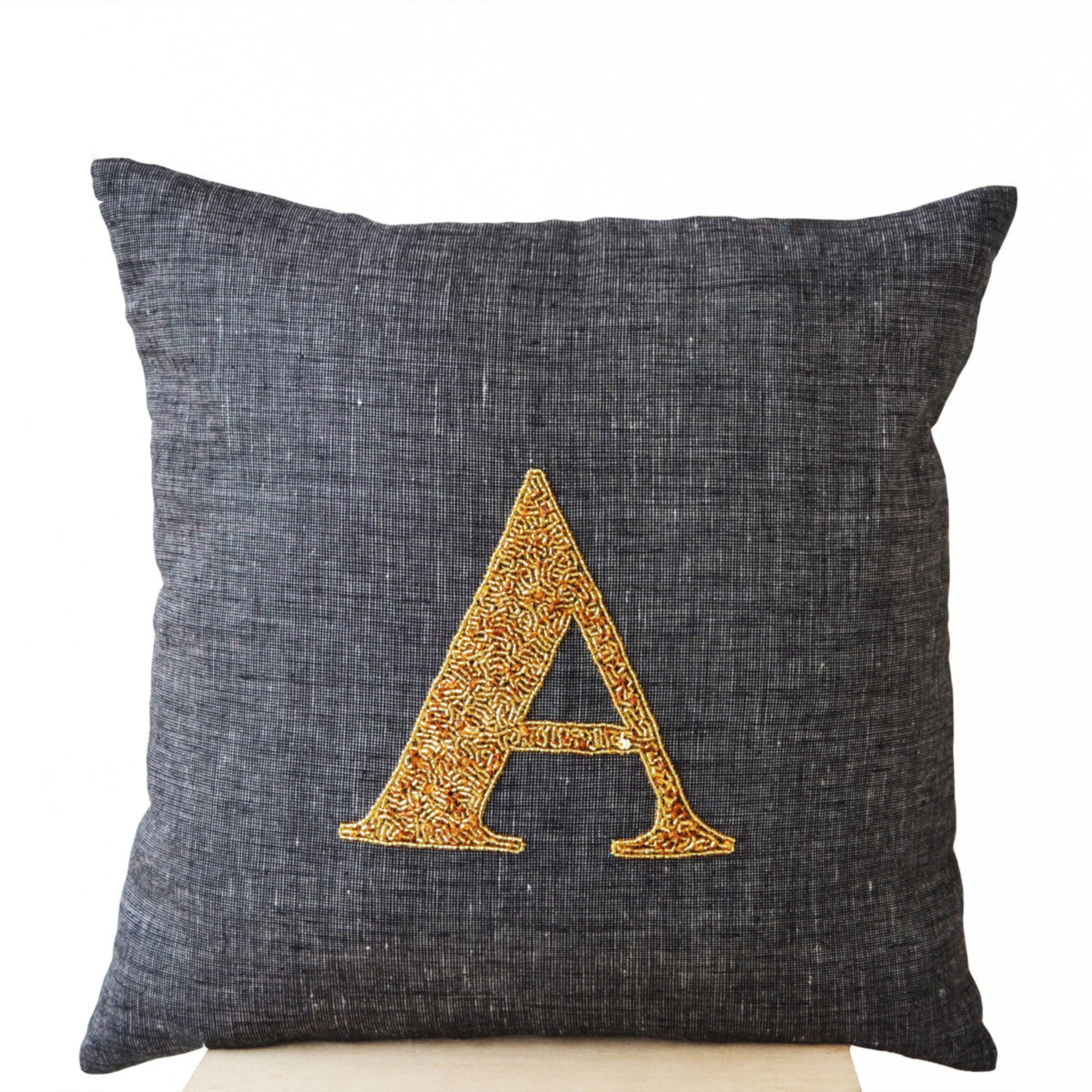 Grey Linen pillow -Monogram Pillow -Personalized throw pillows -Gold sequin cushion -Premium Linen pillow -16X16 sofa cushion -gift -Wedding