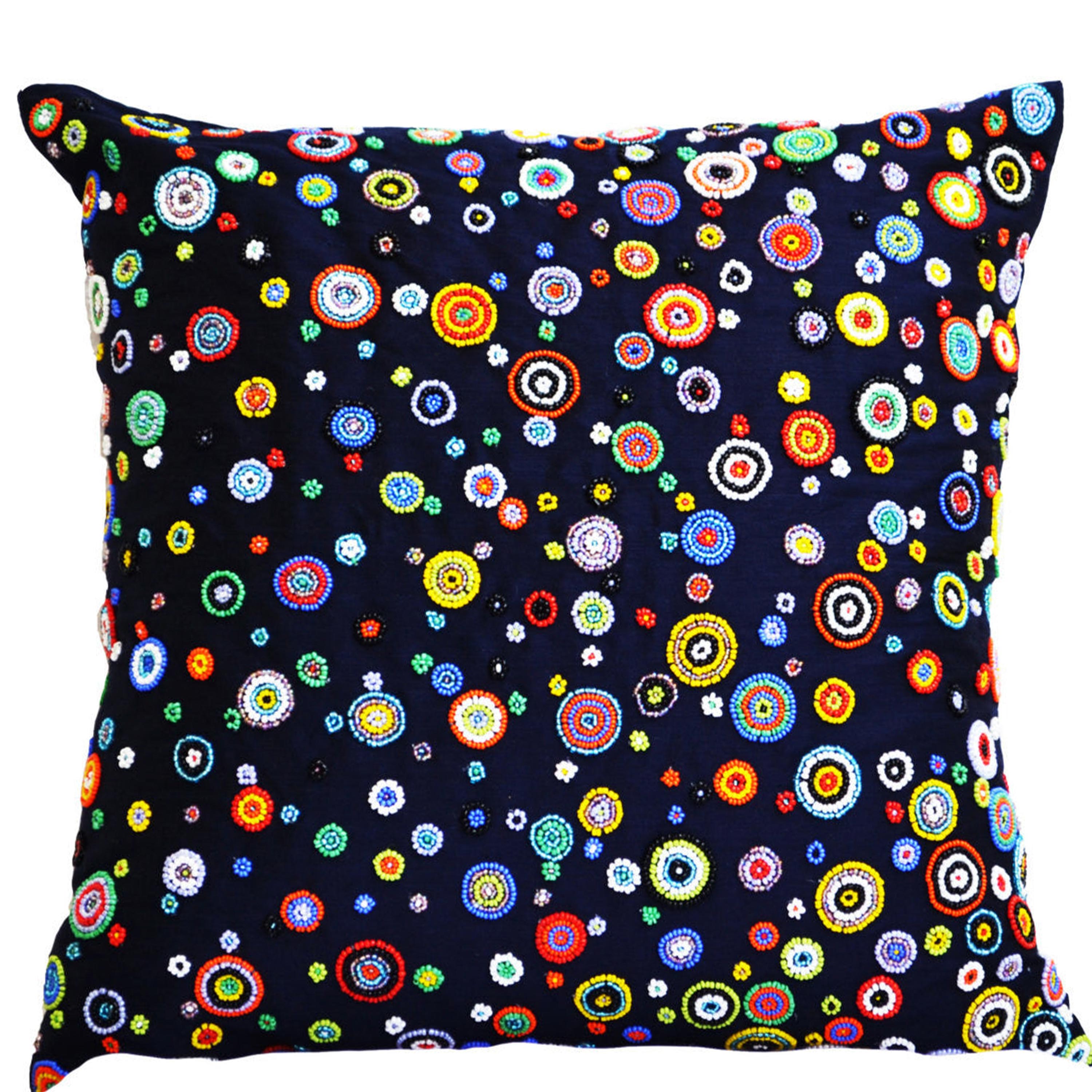 Rapsody of Circles Navy Blue Throw Pillow With Red, Yellow, Blue, Green, Orange Beads Geometric Cushion Cover