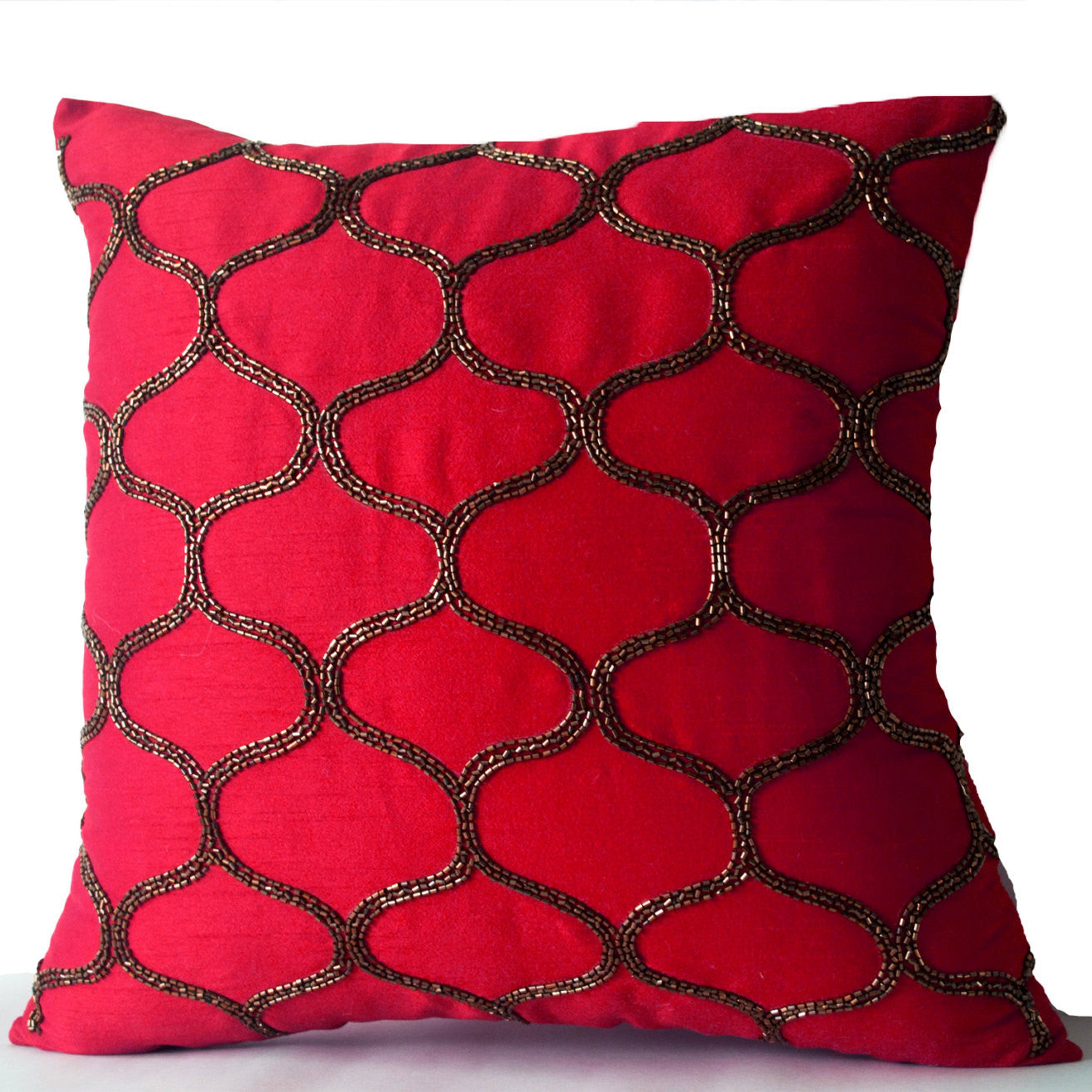 Fuchsia Decorative Pillow -Pink Pillow -Fuchsia Silk Pillow -Pink Brown Gold Beaded Pillow Covers -Sequin Pillows -16x16 -Gift -Autumn Decor