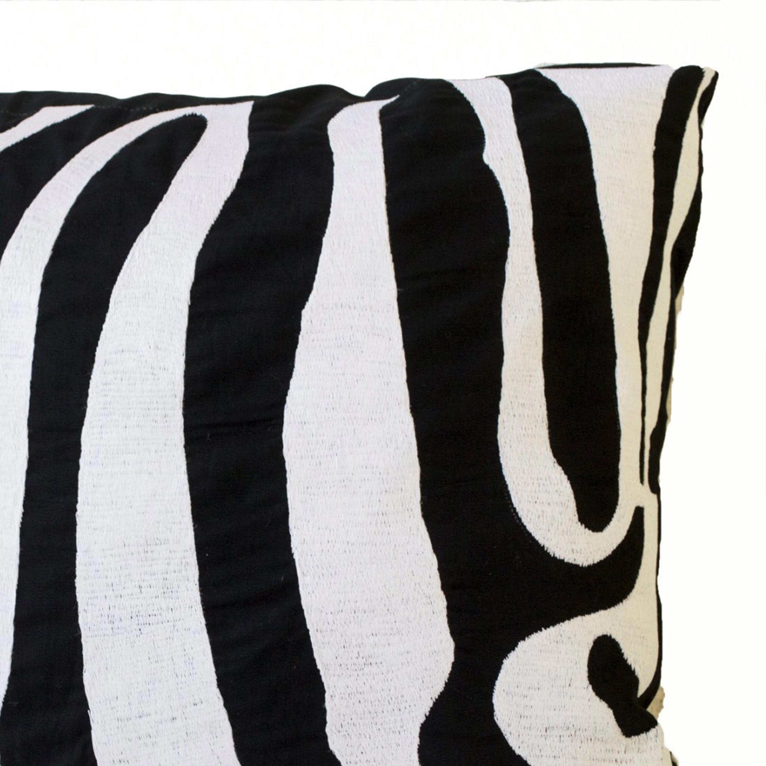 Zebra Striped Hand Embroidered Accent Pillow Case Black White Linen Animal Cushion