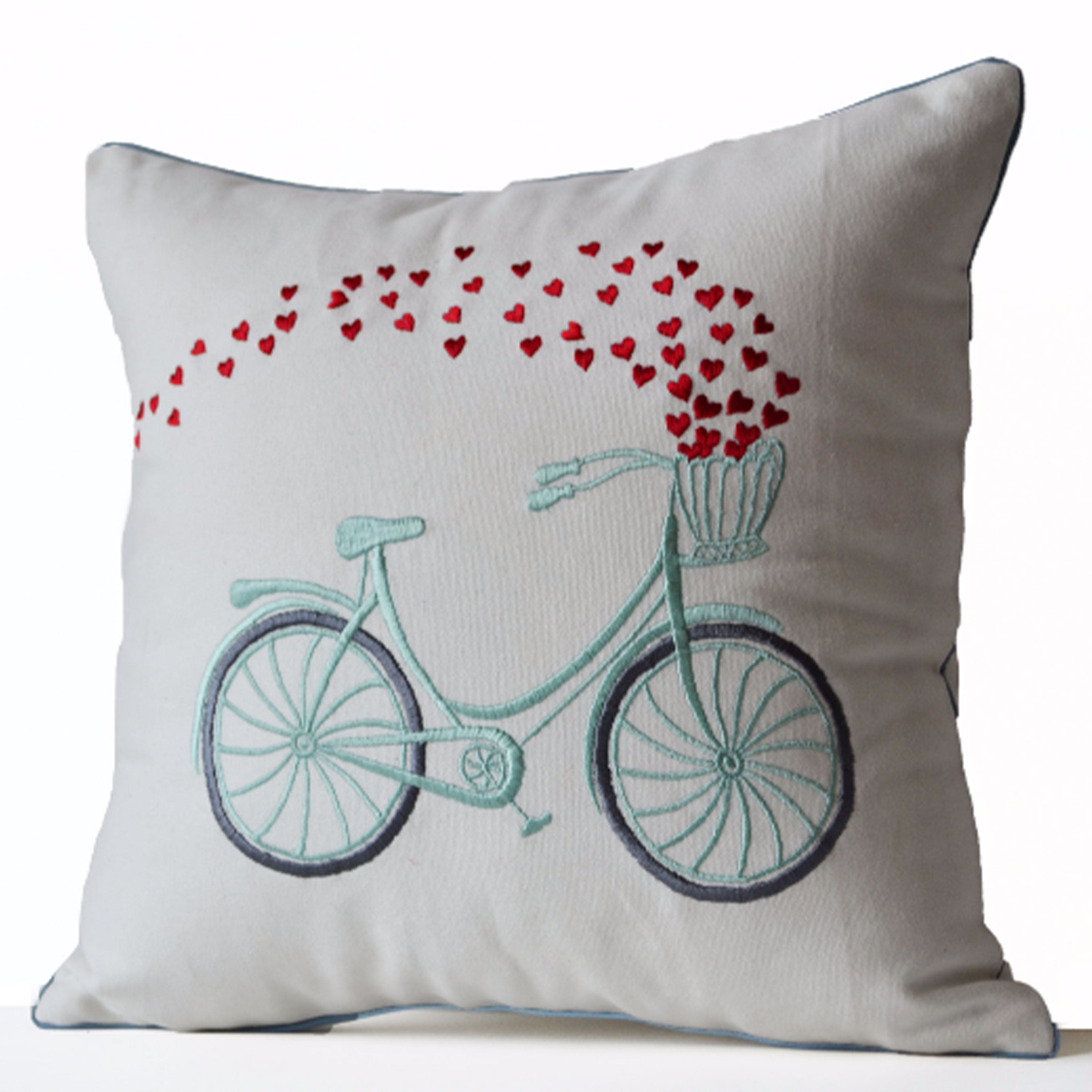 Decorative Throw Pillow Cover Heart Bicycle Embroidered Cotton Cushion Engagement Wedding Anniversary Birthday Gift Back to School