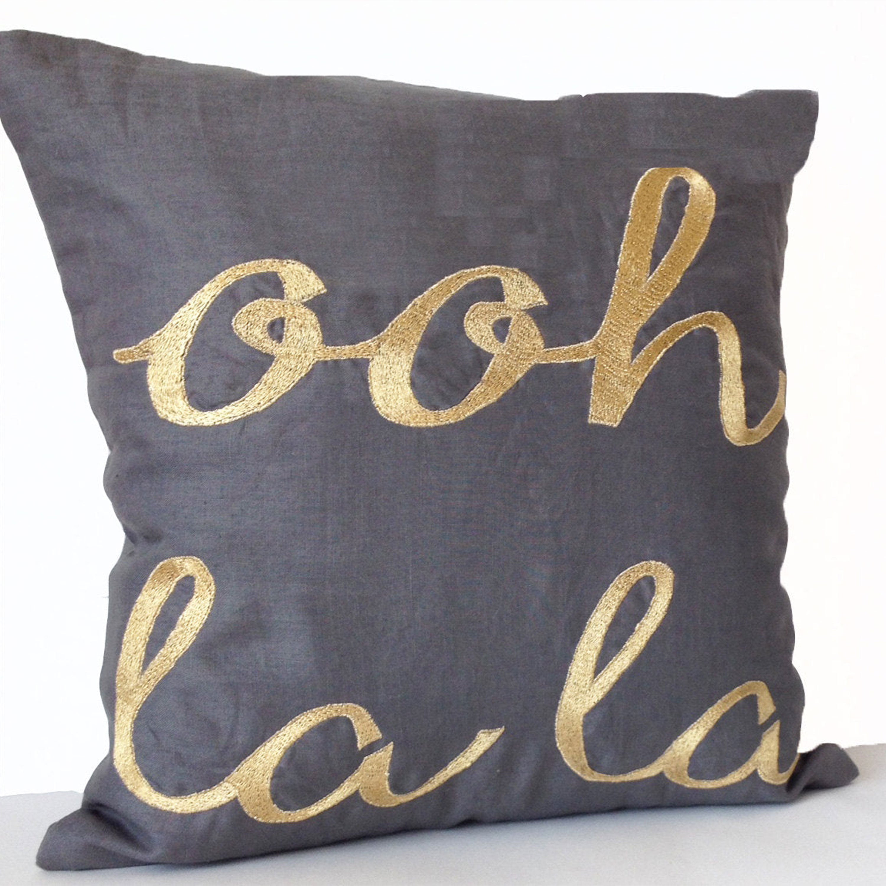 Gray Linen Throw Pillow Cover with Gold Ooh La La Embroidery