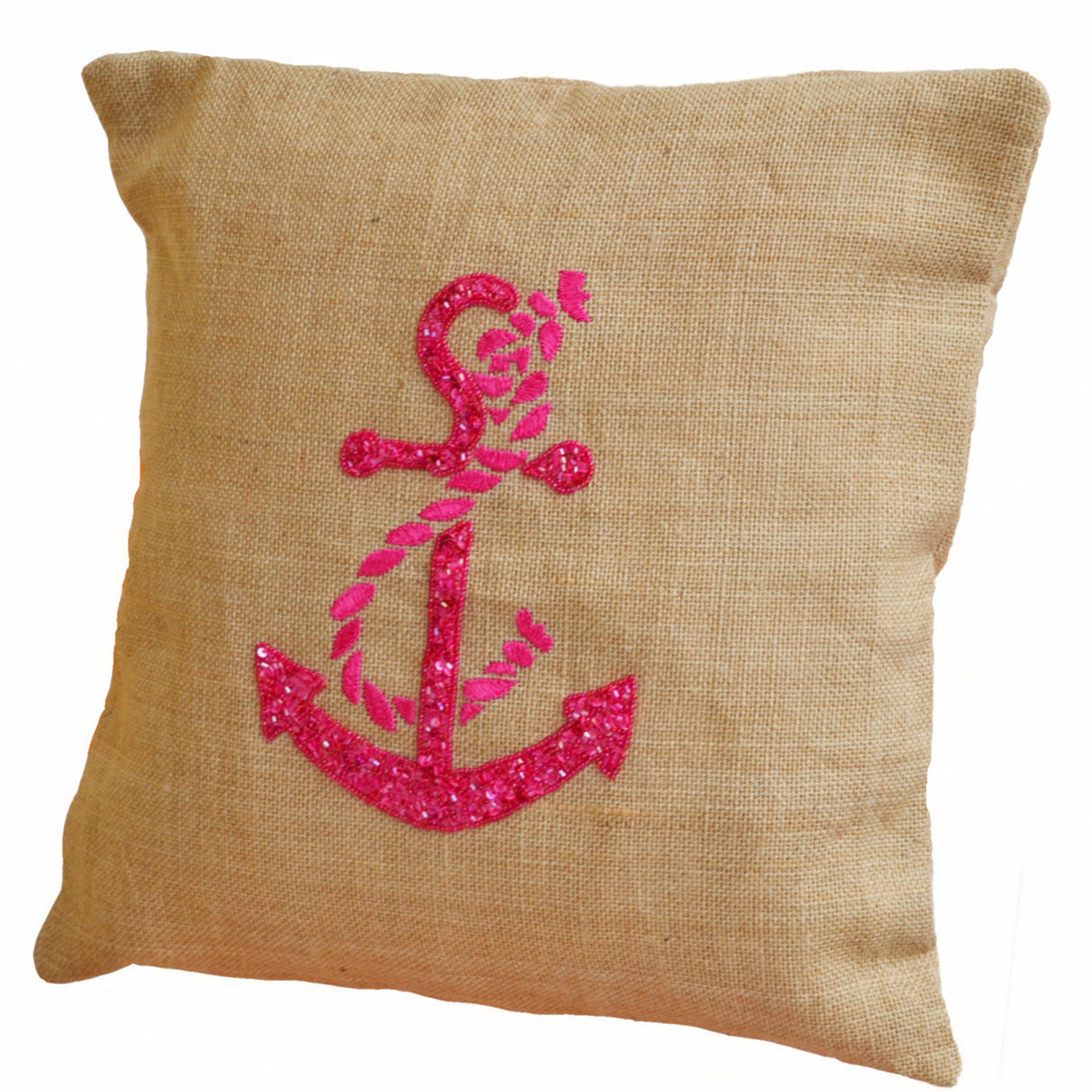 Hot Pink Cute Anchor throw pillows- Nautical pillow covers- Beach pillows - Burlap pillows -Embroidered Pillow -Nautical cushion cover 16X16