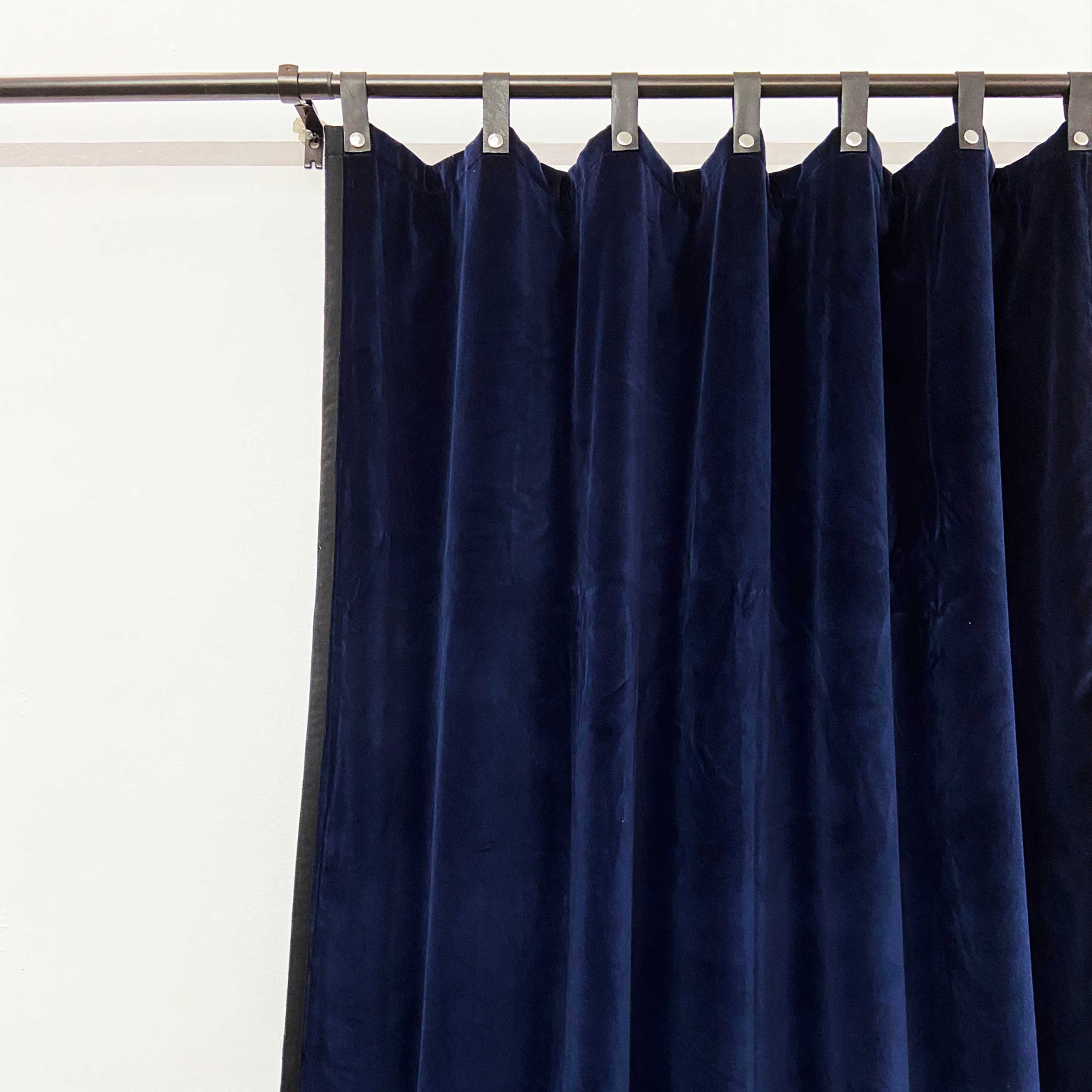 Navy Velvet Curtain With Black Trim and Leather Tabs