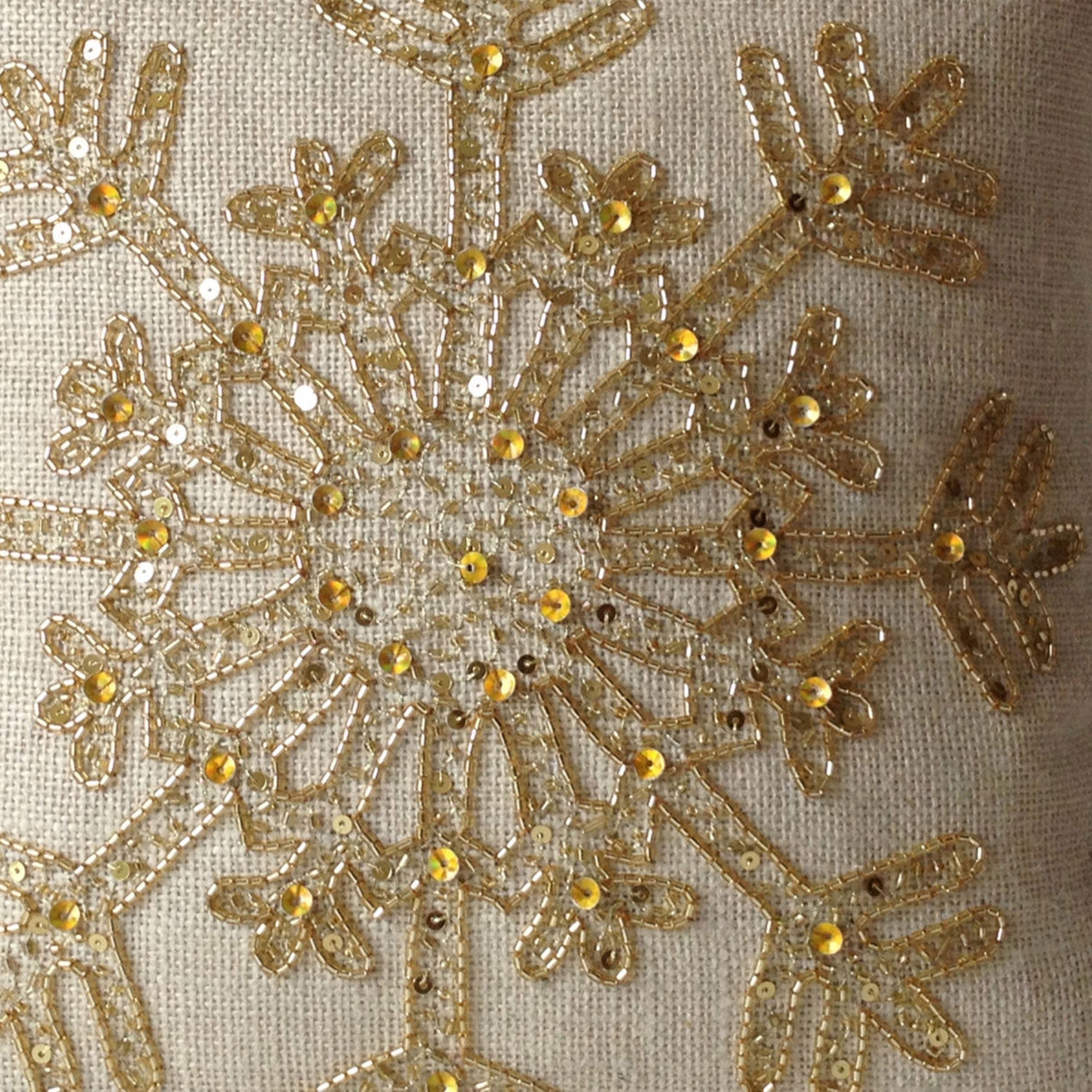 Handcrafted Ivory Burlap Pillow Cover Gold Snowflake on Cream Throw Pillow Cushion Gold Sequin Snow Pillow -16x16