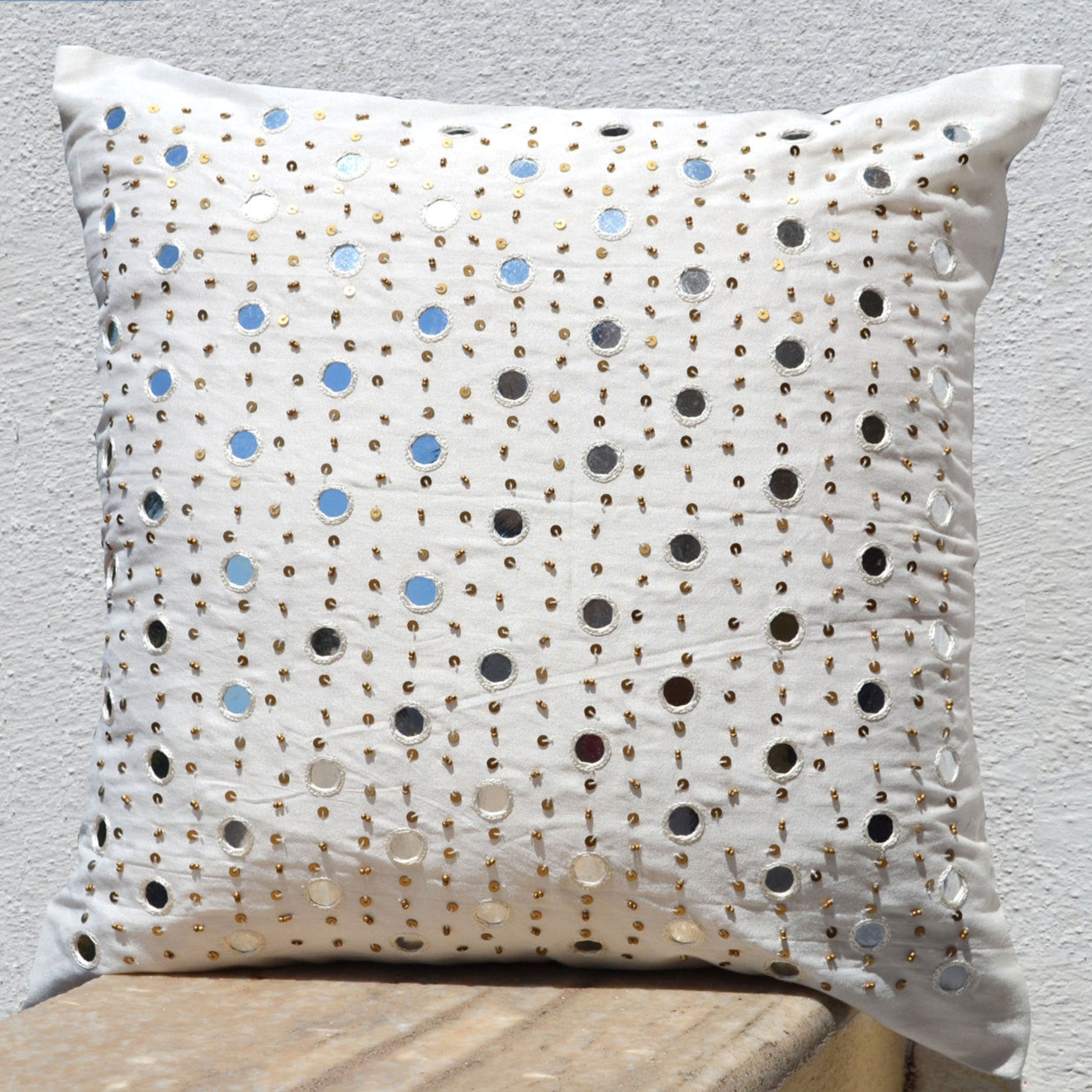 Decorative throw pillows silk -White mirror embroidery pillow - 16 inch silk pillow-Cushion cover zipper -Throw pillow - Cushion cover