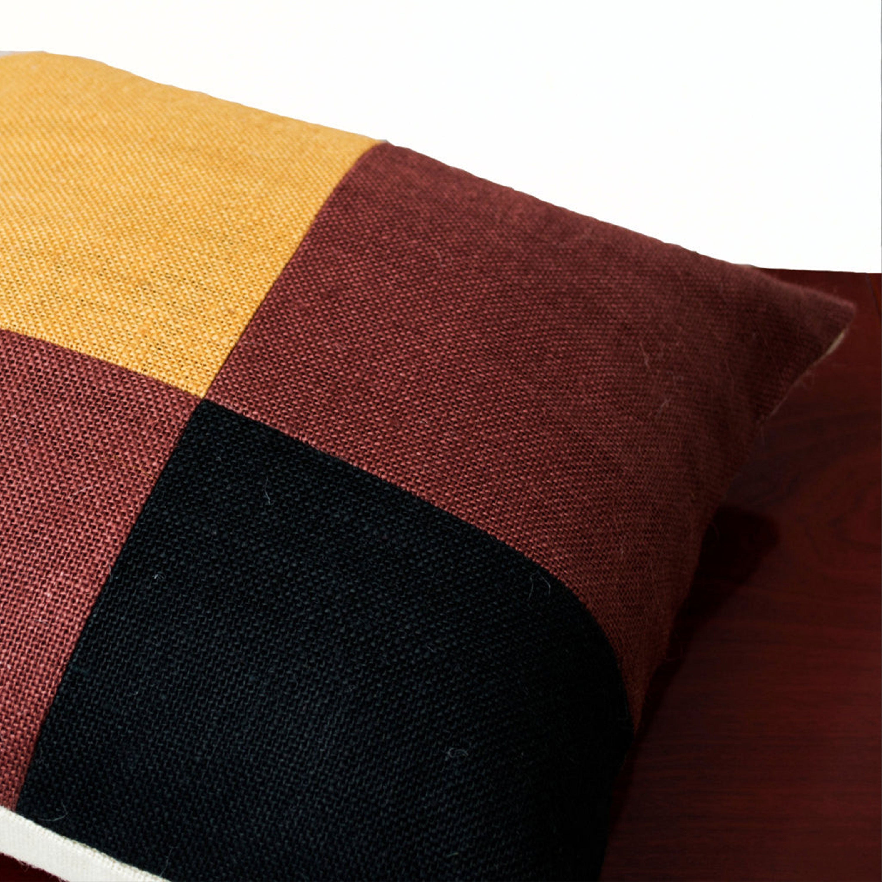 Burlap Pillow Cover With Color Block In Black Mustard Brown For A Designer Look