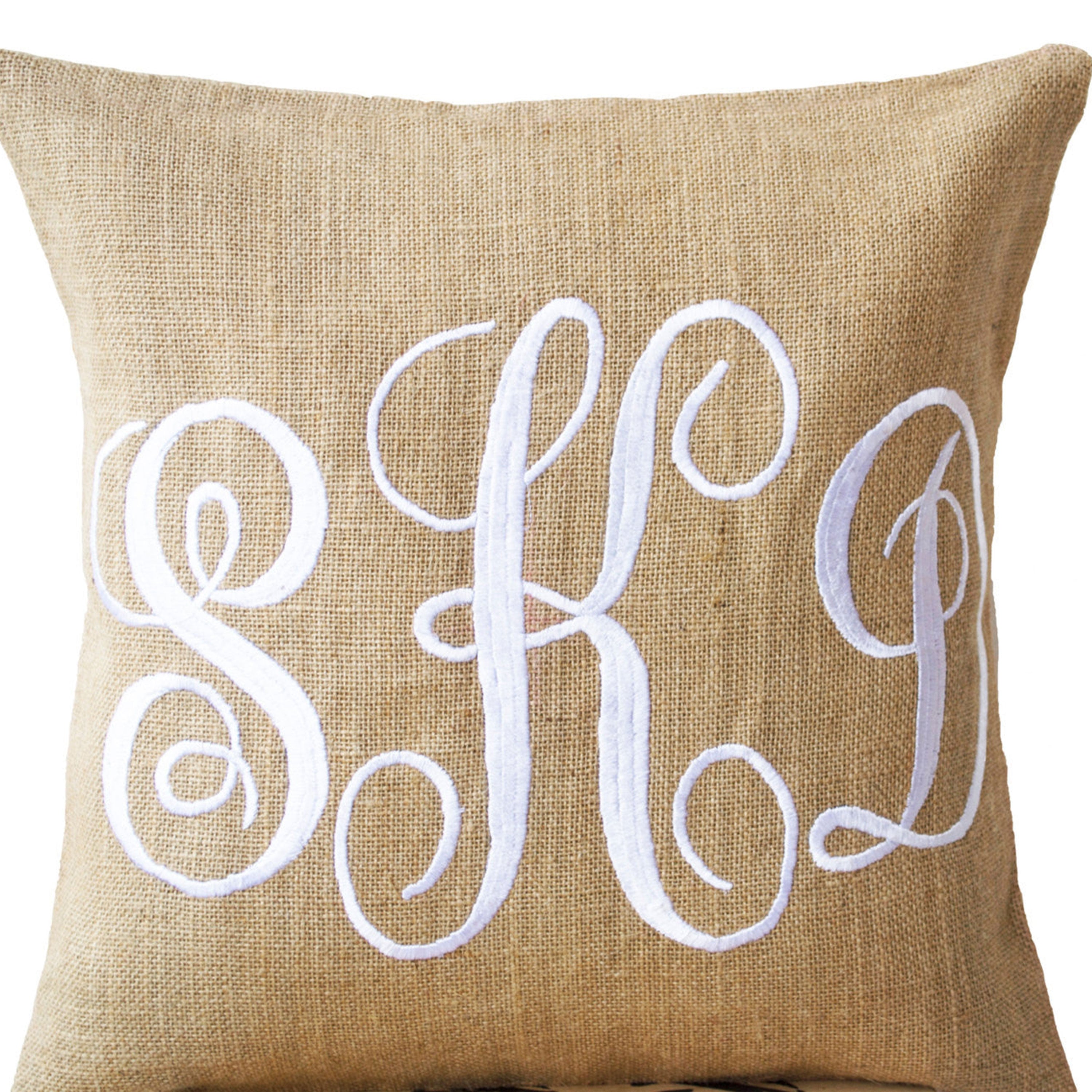 Handcrafted Monogram Custom Throw Pillows in Burlap Cushions with Initials