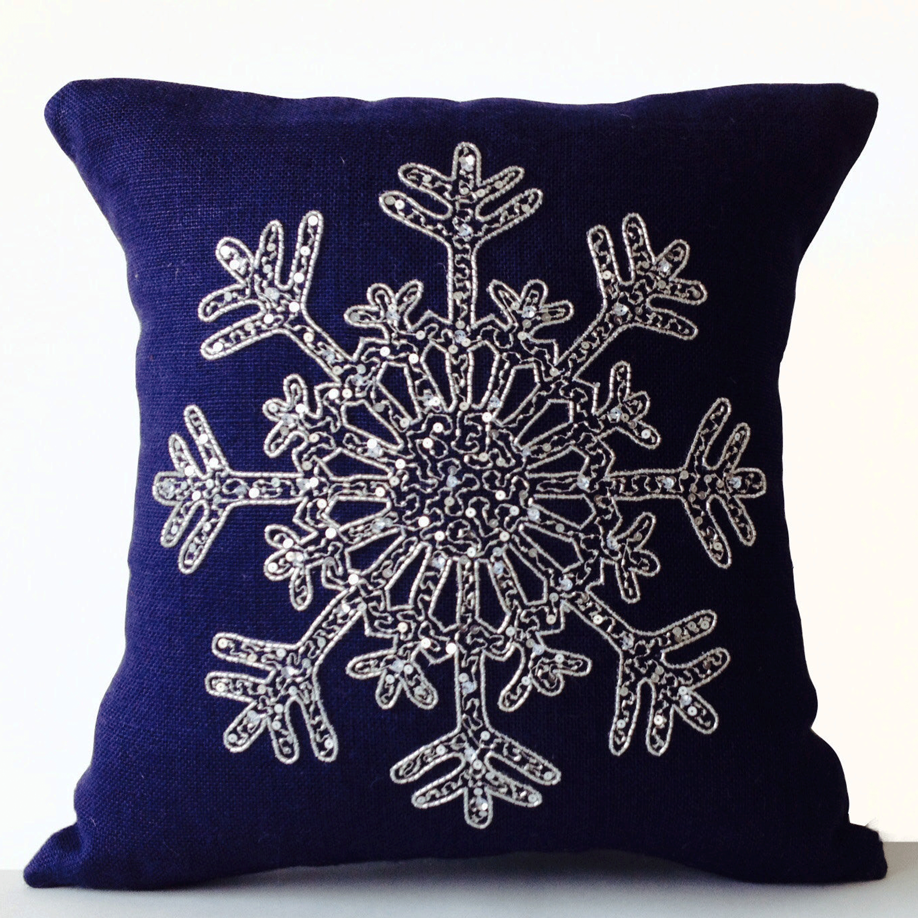 Navy Burlap with Silver Snowflake Decorative Pillow Cover