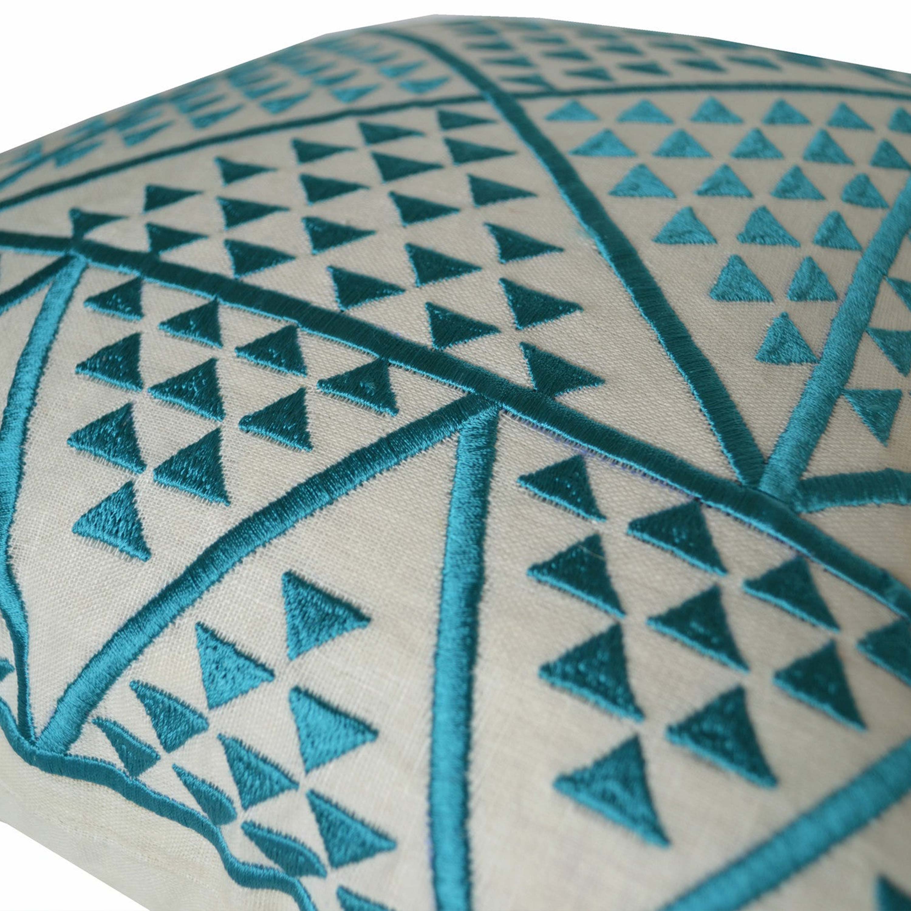 Teal Aztec Embroidery on Linen Pillow