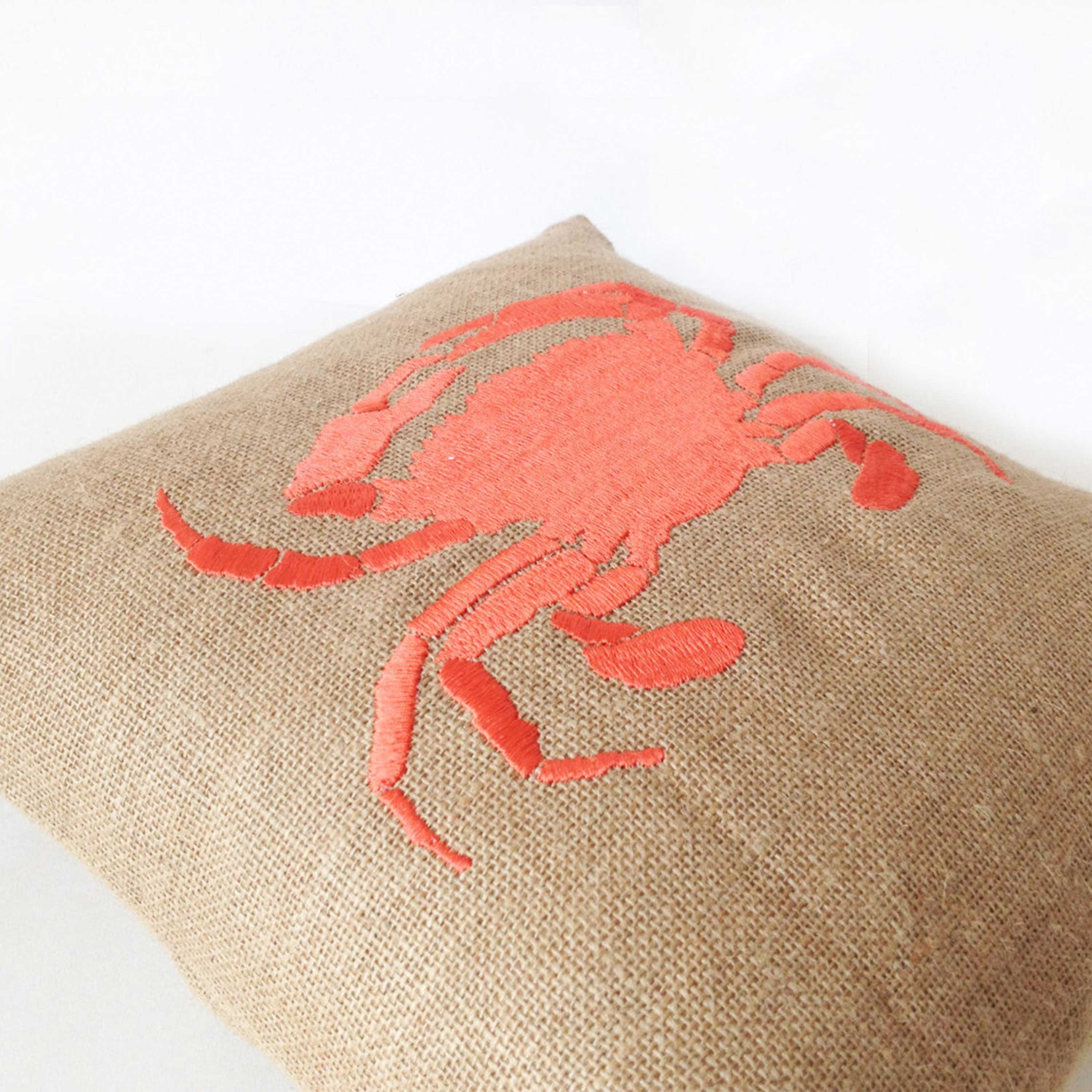 Sea pillow- Embroidered crab pillow cover -Burlap pillow -Coral throw pillow cushion -16x16 -Gift -Bedding -Coral cushion -Beach House Decor