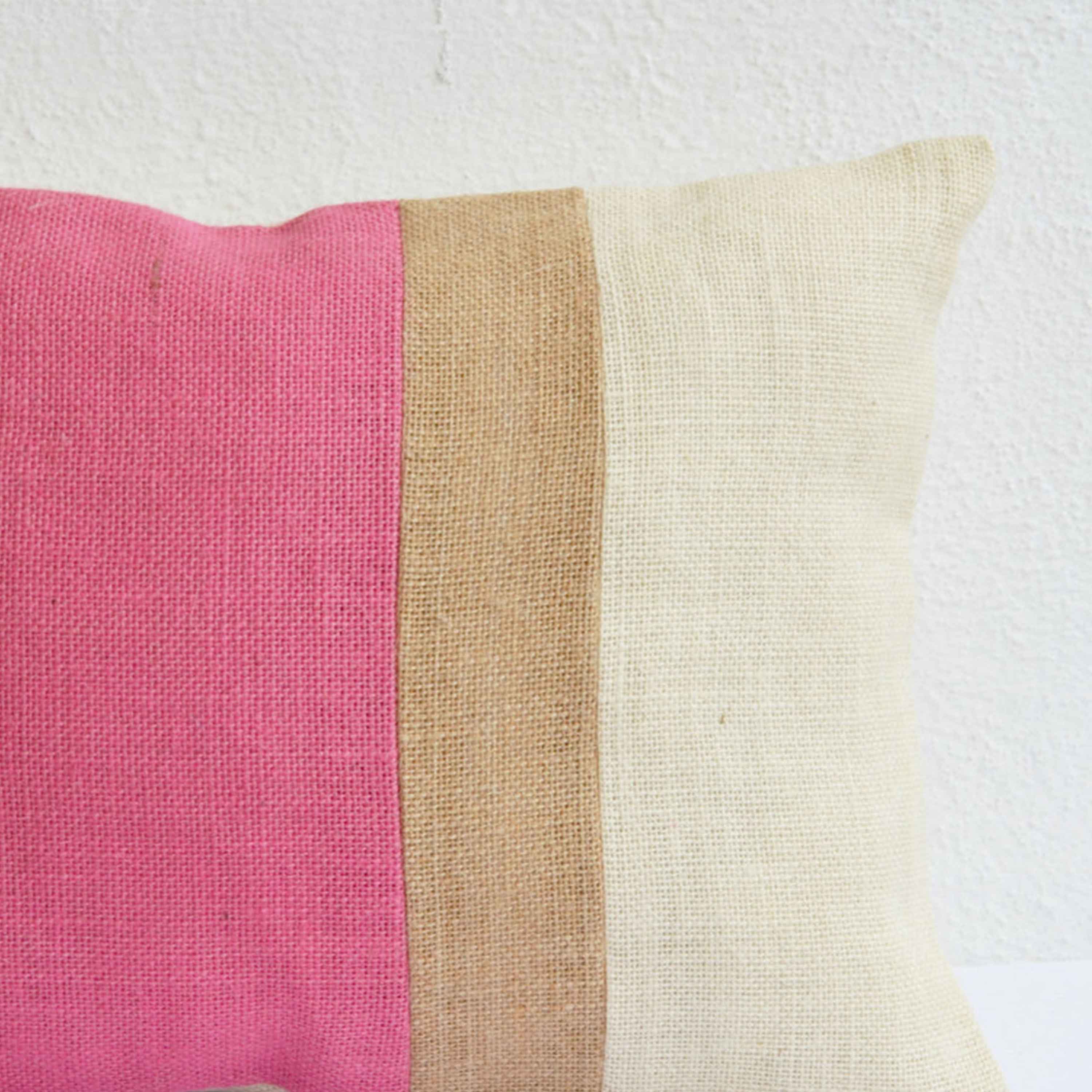 Pink Pillow - Burlap Pillow color block - Pink Decorative cushion cover- Spring Throw pillow gift 12X16 - Pink Lumbar Pillow