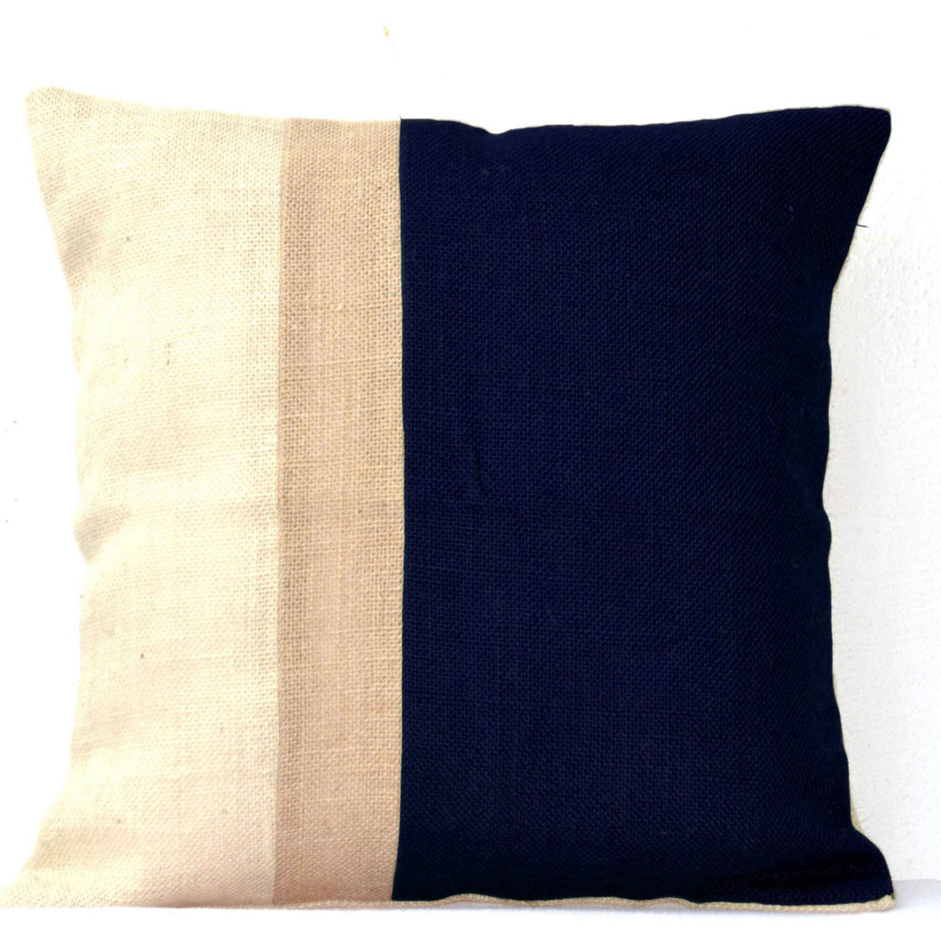 Stripes In Navy Blue Beige Ivory On Burlap Decorative Euro Sham And Other Sizes