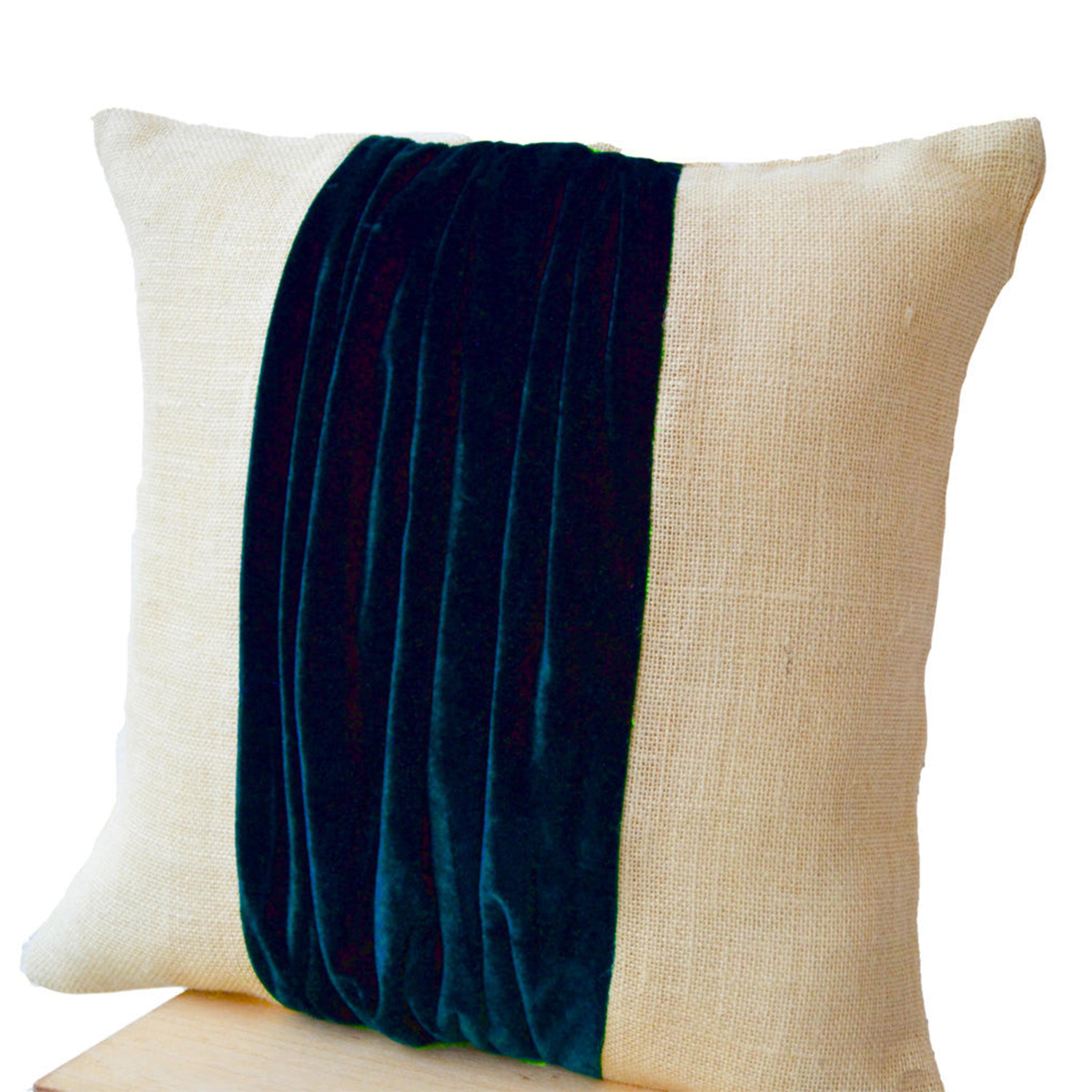 Pleats in Luxe Navy Blue Velvet on Ivory Burlap Pillow Cover Color Block Pillow For Designer Home Decor