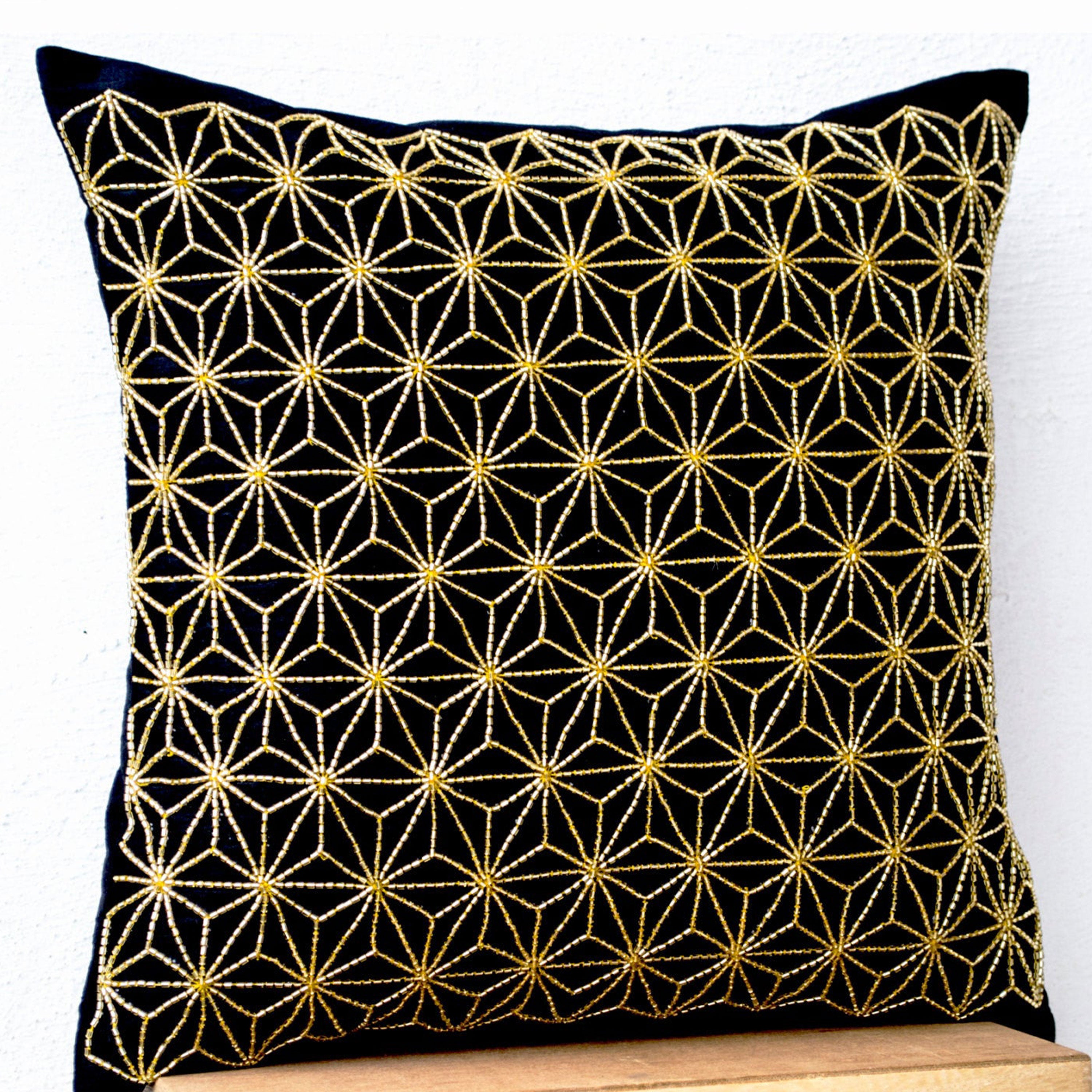 Gold Hemp Leaf Embroidery Sashiko Pillow Case On Black Faux Silk Designer Cushion