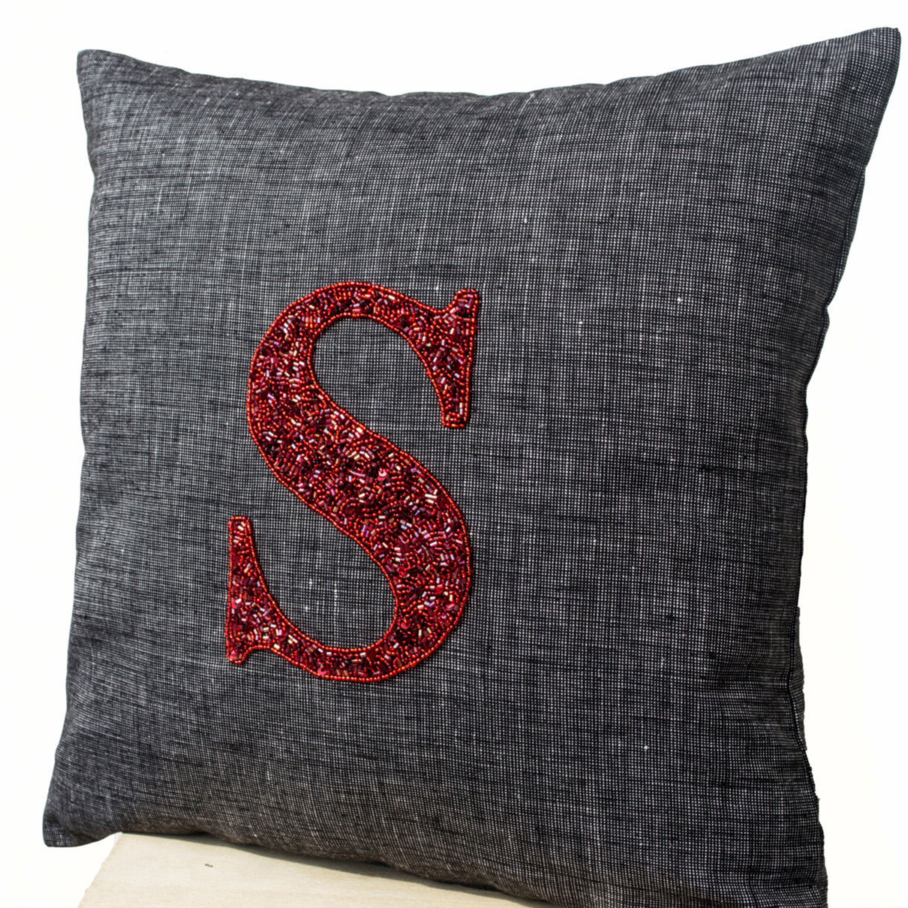 Grey pillow -Monogram Pillow cover-Personalized throw pillow -Gold sequin cushion -Premium Linen pillow -16X16 cushion -gift- Initial pillow