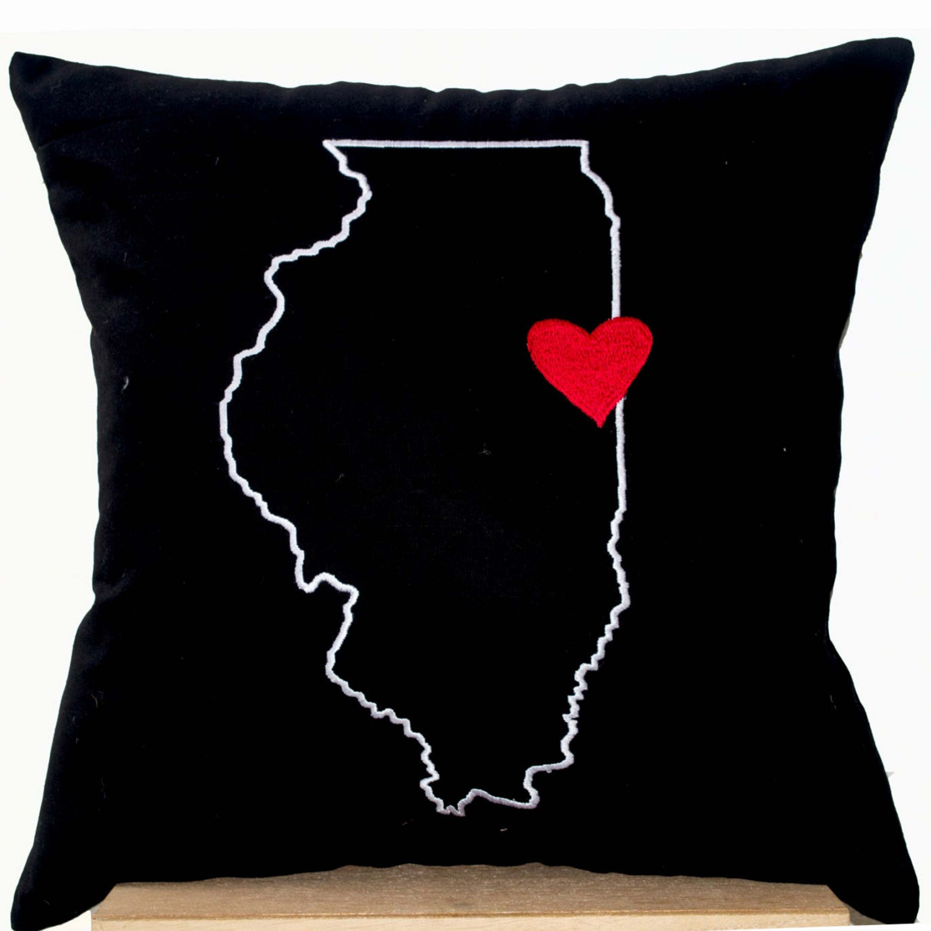 US State Map With Heart Pillow Case On Black Cotton Personalized Customized Cushion