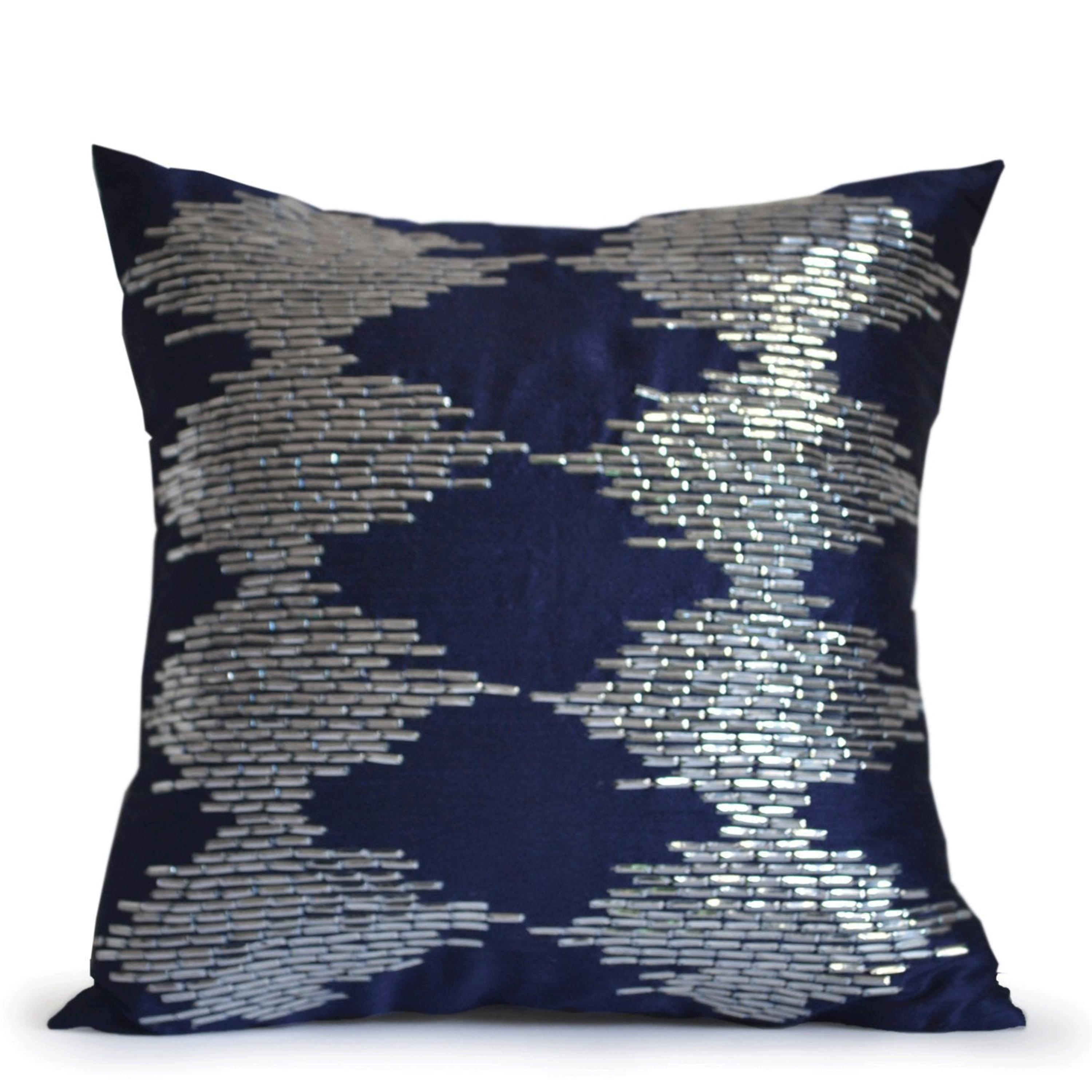 Navy Blue Silver Ikat Throw Pillow Cover