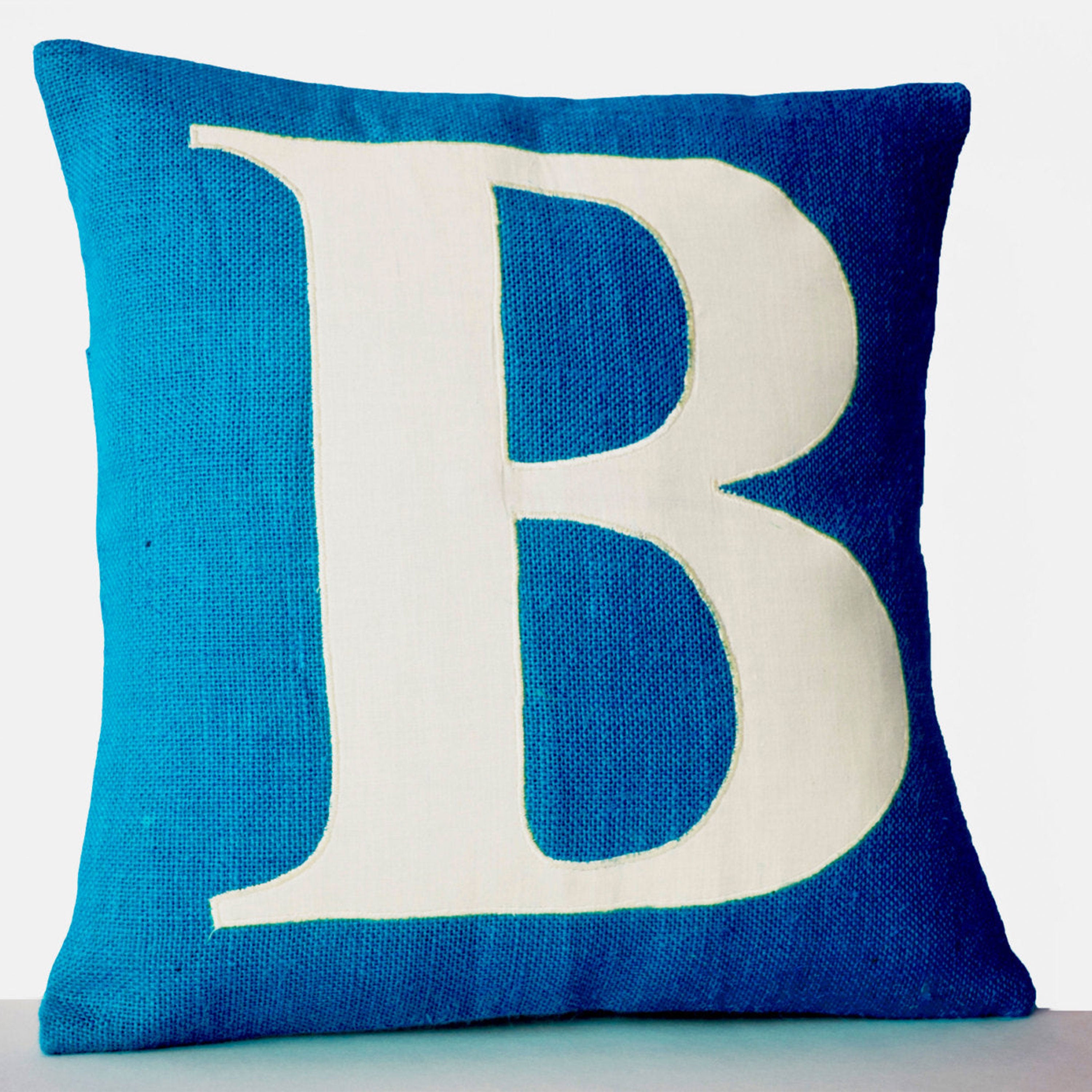 Blue Burlap Pillow Covers, Personalized Monogram Pillow