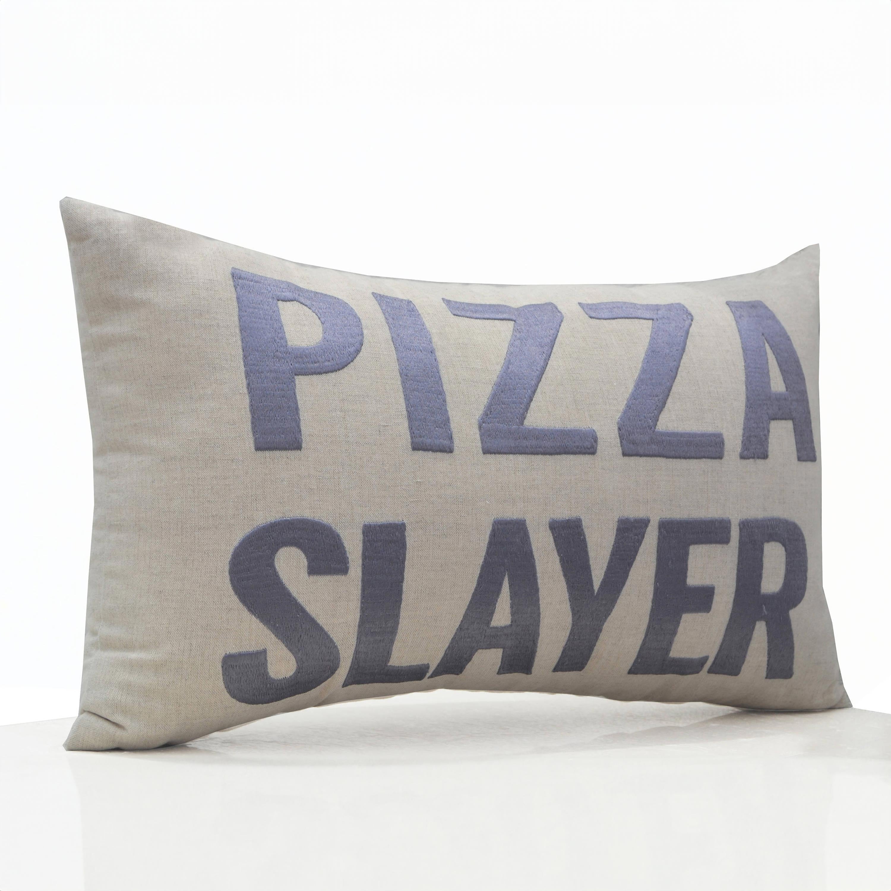 Pizza Slayer Hand Embroidered Ivory Linen Throw Pillow Cover, Decorative Custom Cushion Cover