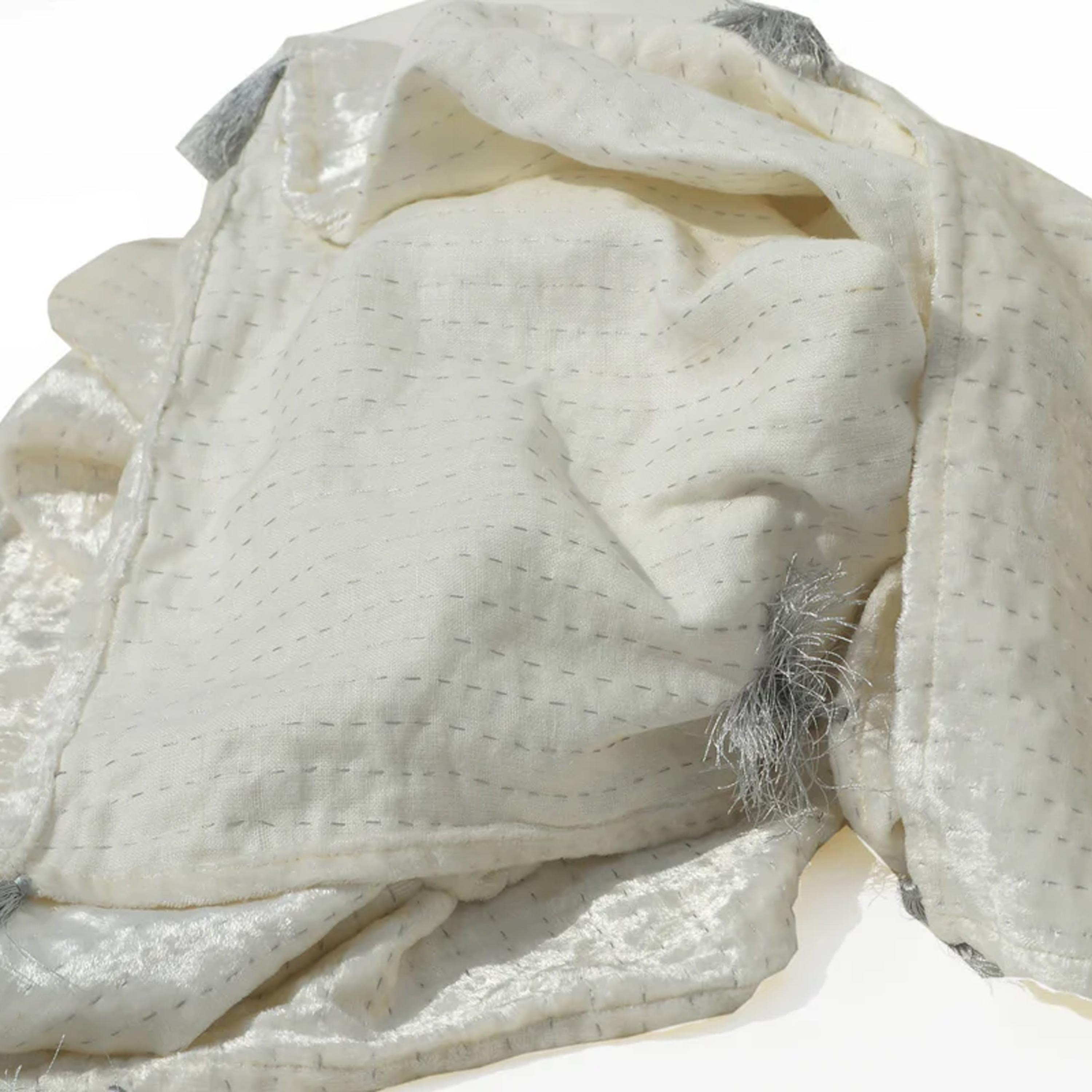 Ivory Gray Velvet Throw Blanket With Tassels