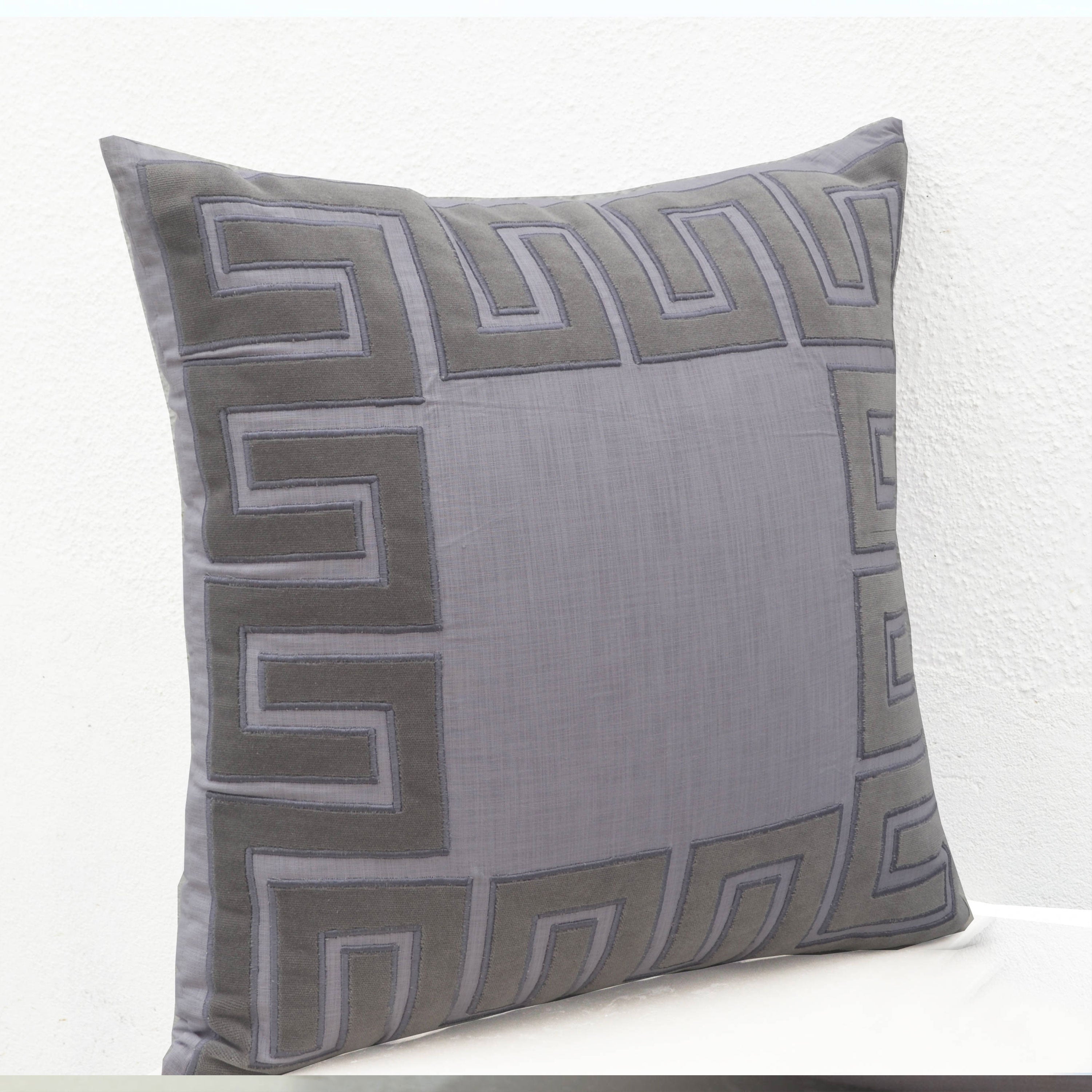Greek Key Linen Throw Pillow Cover, Velvet Applique Gray Pillow Case