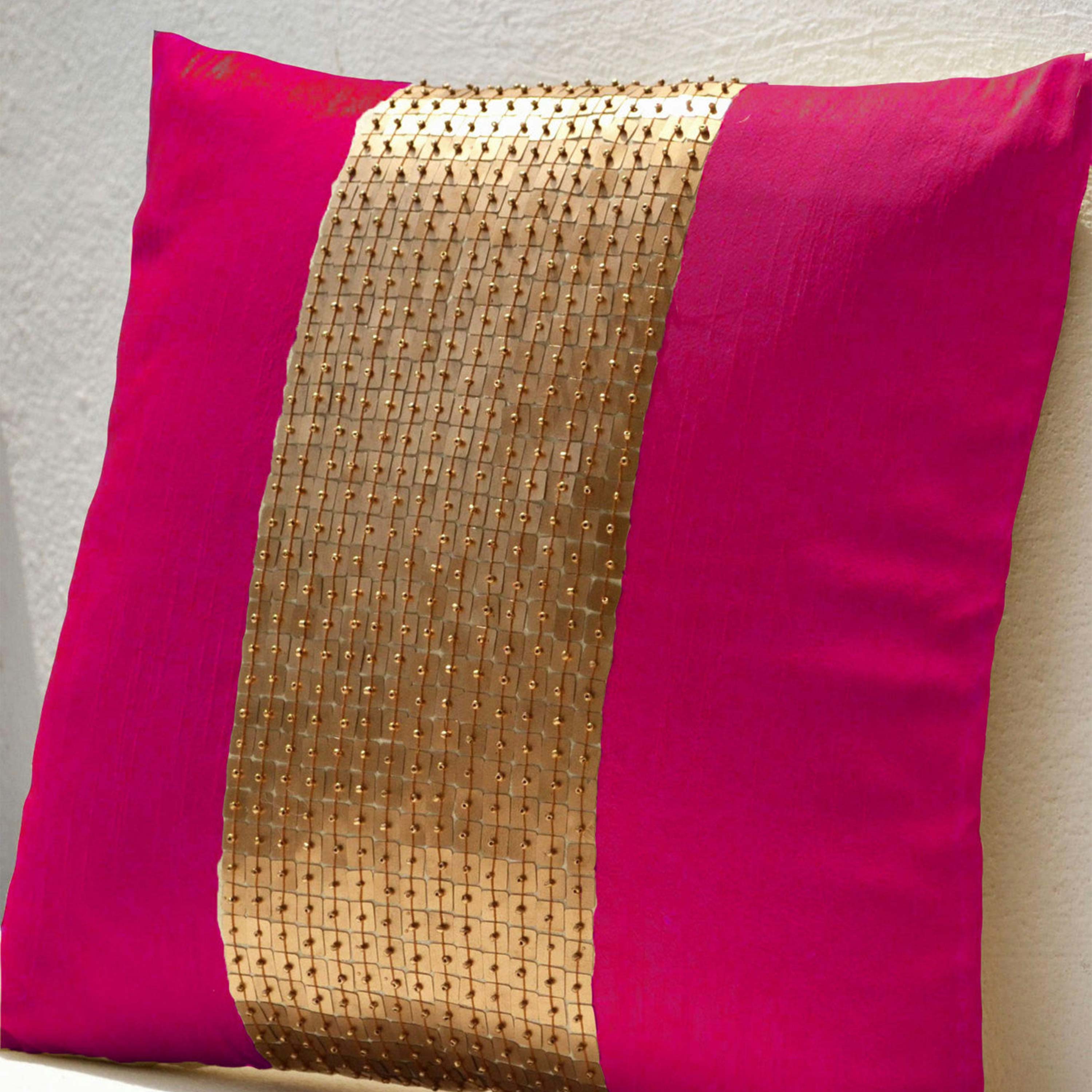 Throw Pillows - Fuchsia gold color block in silk sequin bead detail cushion - sequin bead pillow - 16X16 Fuchsia pillow - gift pillow