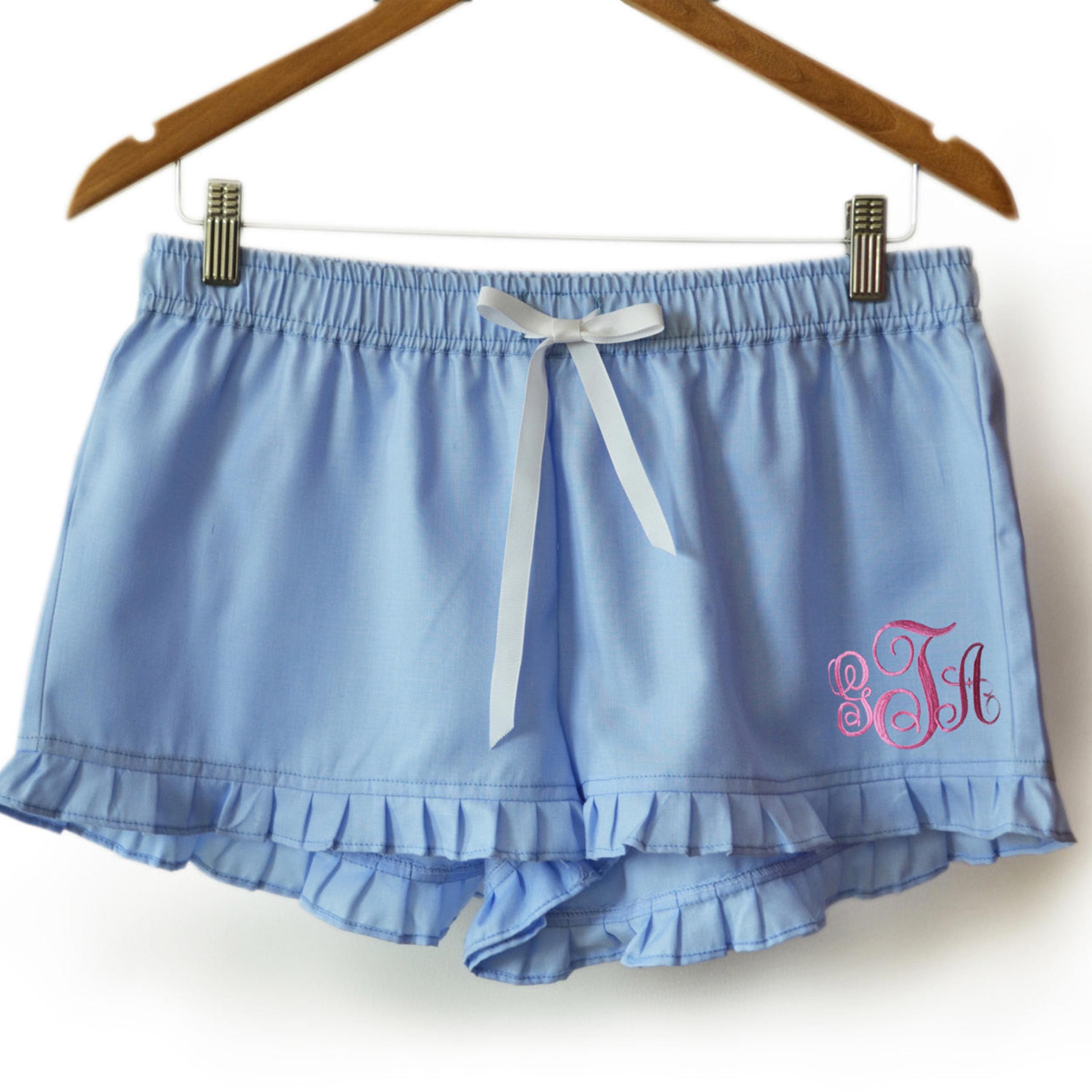 Blue Cotton Monogrammed Pajama Shorts